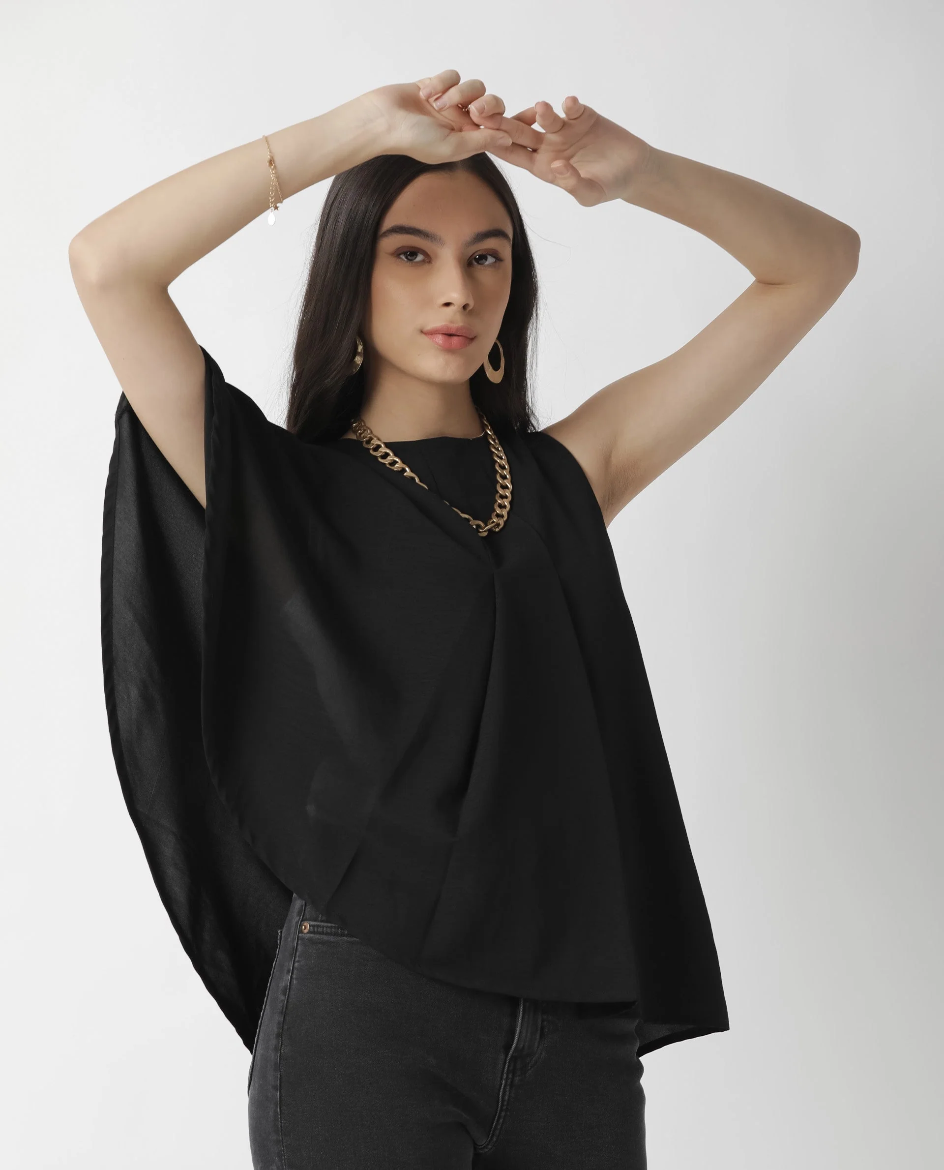 Rareism Womens Hudy Black Top Polyester Fabric Relaxed Fit Flared Sleeve Round Neck - Image 4
