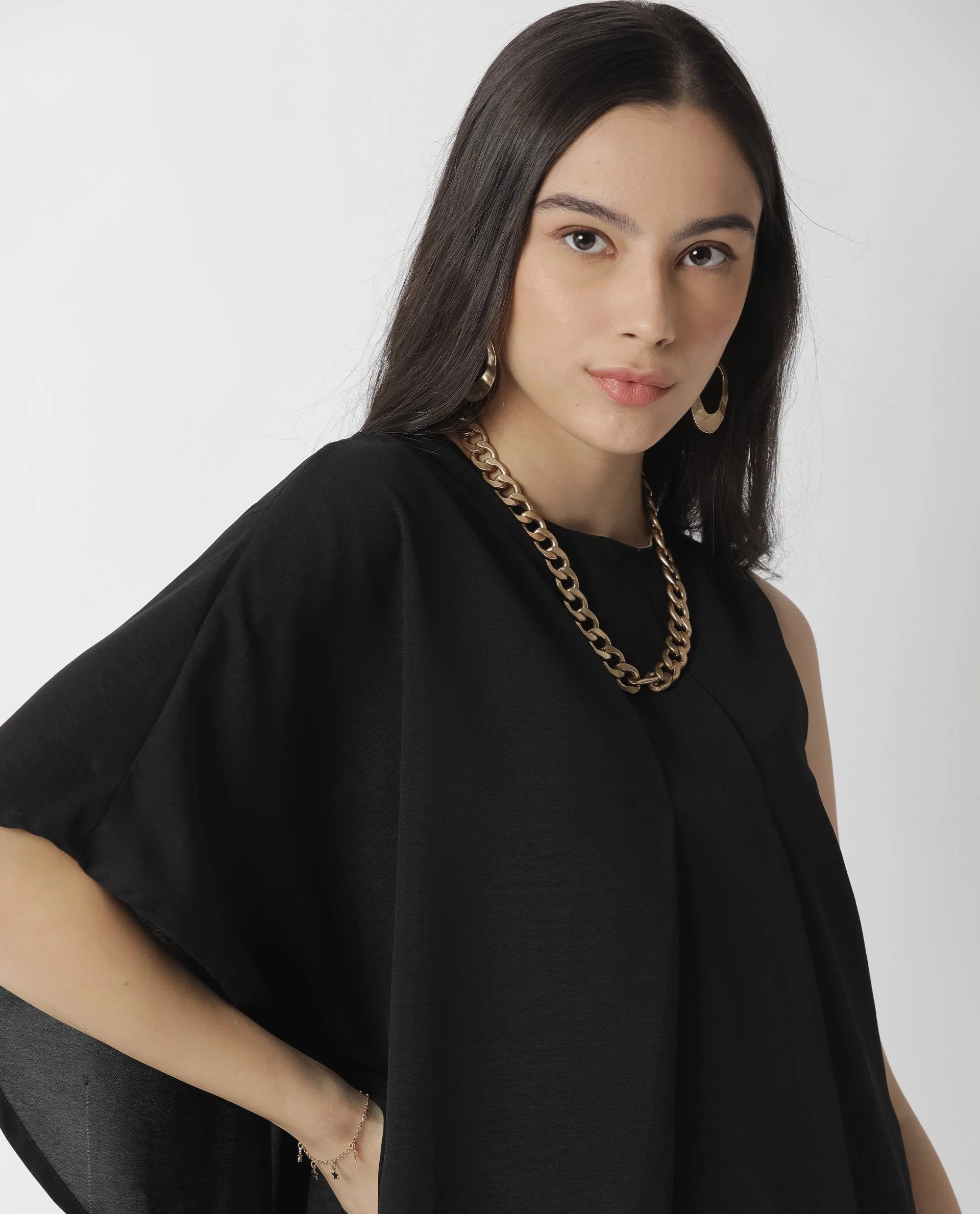 Rareism Womens Hudy Black Top Polyester Fabric Relaxed Fit Flared Sleeve Round Neck - Image 5