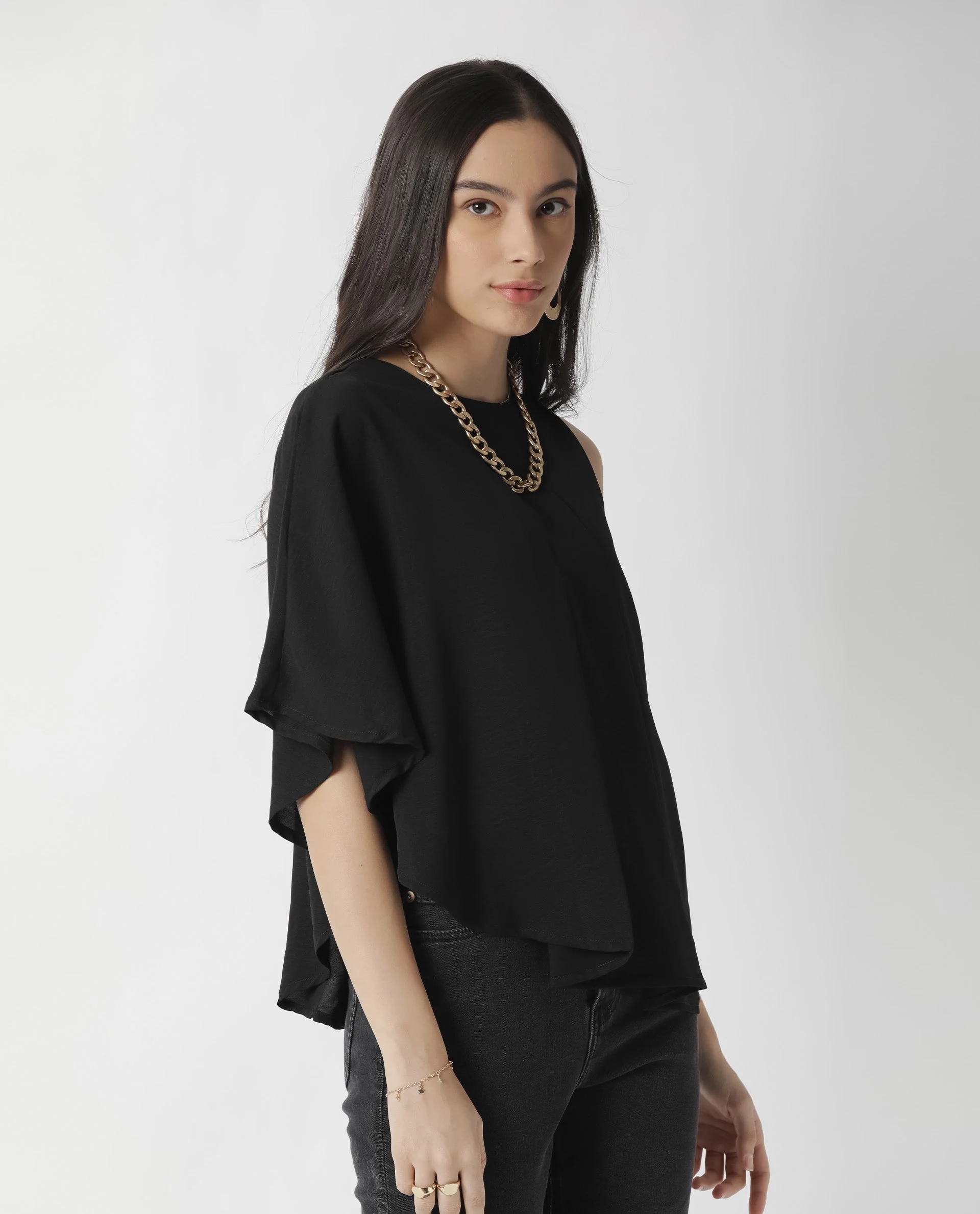 Rareism Womens Hudy Black Top Polyester Fabric Relaxed Fit Flared Sleeve Round Neck - Image 6