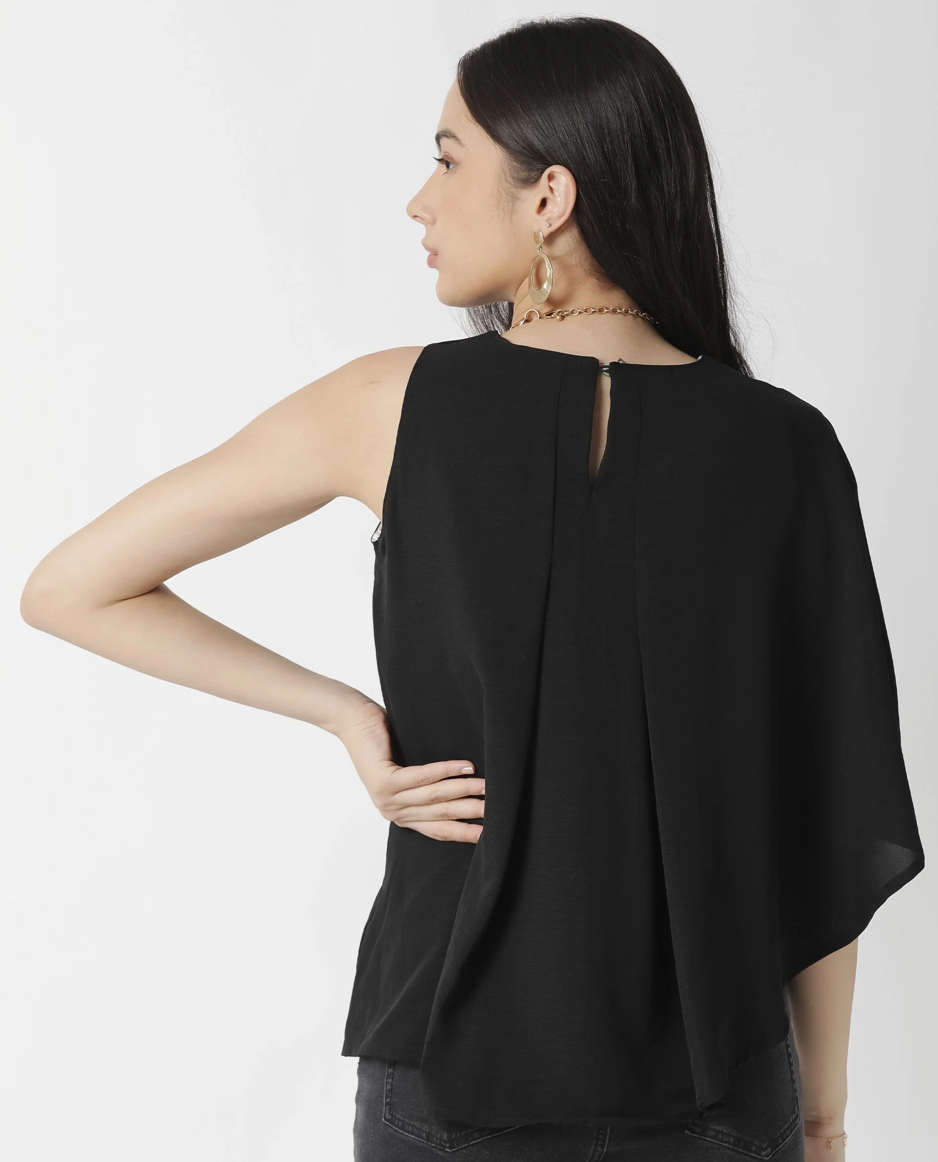 Rareism Womens Hudy Black Top Polyester Fabric Relaxed Fit Flared Sleeve Round Neck - Image 7