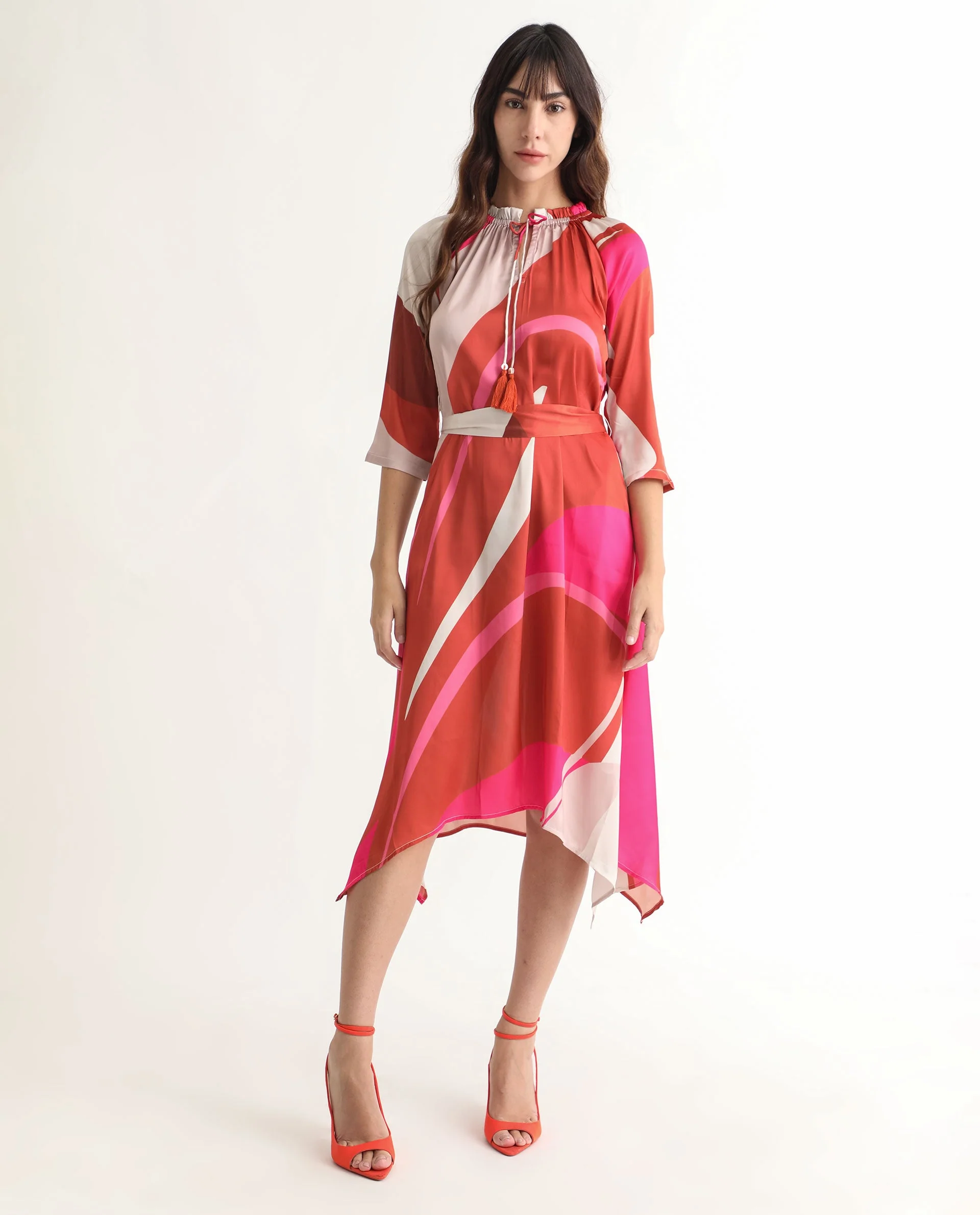 Rareism Women's Hughes Light Multi Polyester Tie-Up Neck Abstract Print Knee Length Regular Fit Dress - Image 2