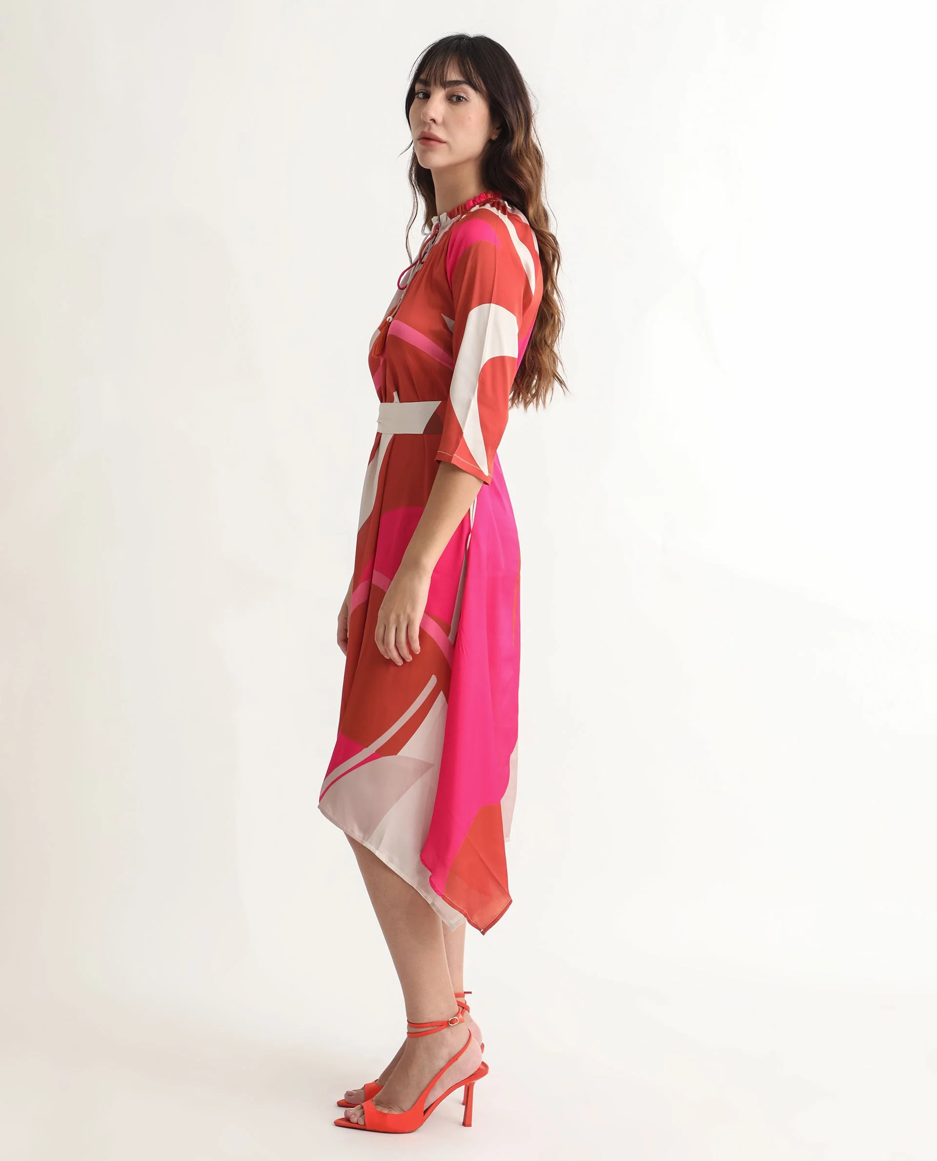 Rareism Women's Hughes Light Multi Polyester Tie-Up Neck Abstract Print Knee Length Regular Fit Dress - Image 3