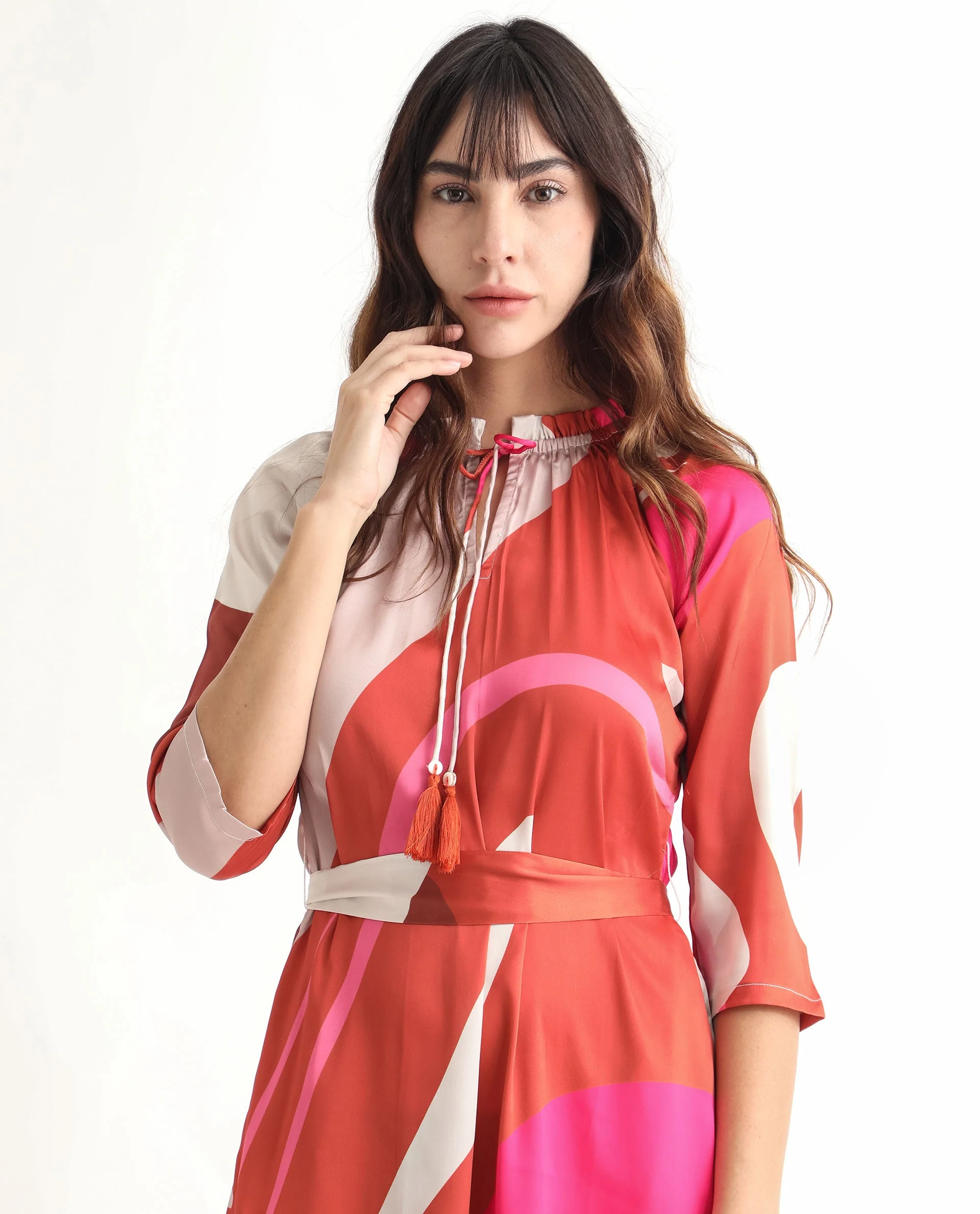 Rareism Women's Hughes Light Multi Polyester Tie-Up Neck Abstract Print Knee Length Regular Fit Dress - Image 5