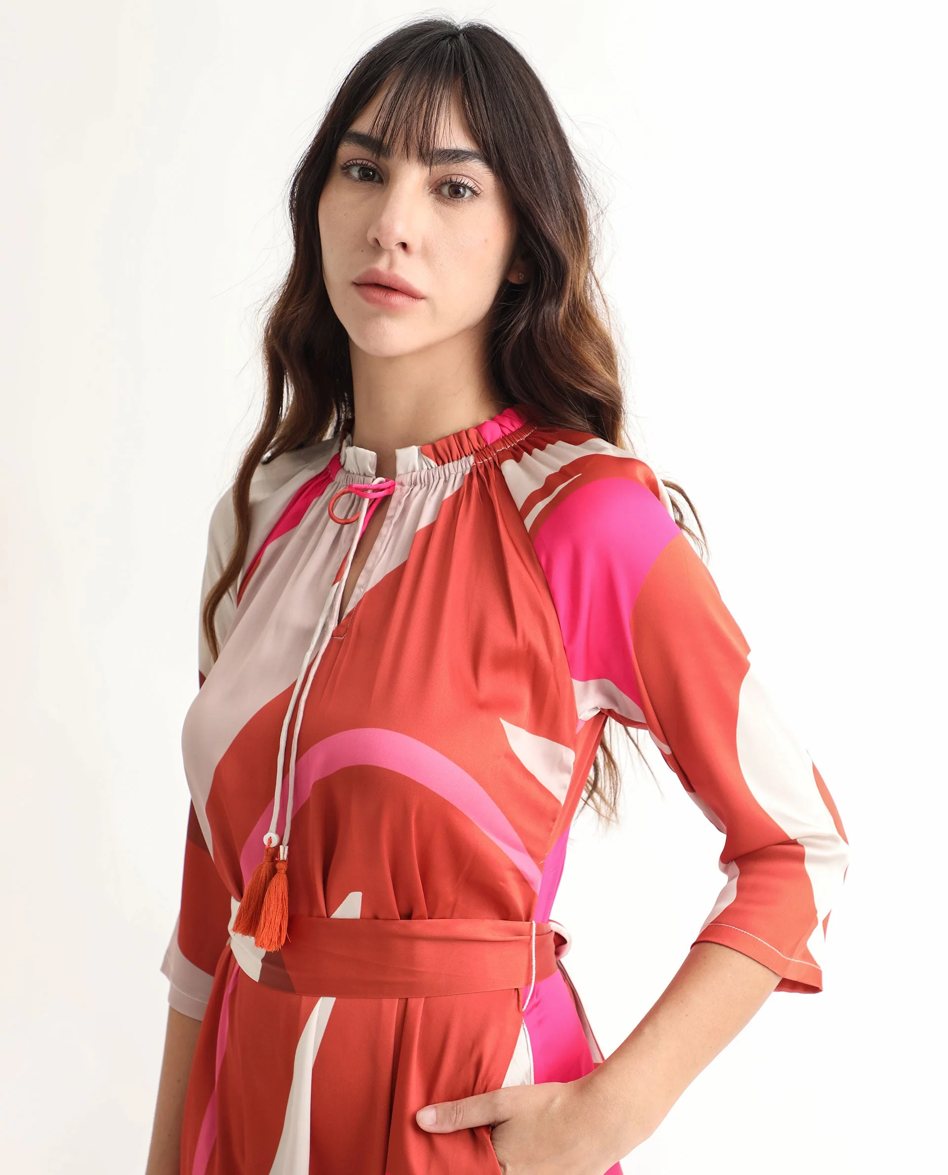 Rareism Women's Hughes Light Multi Polyester Tie-Up Neck Abstract Print Knee Length Regular Fit Dress - Image 6