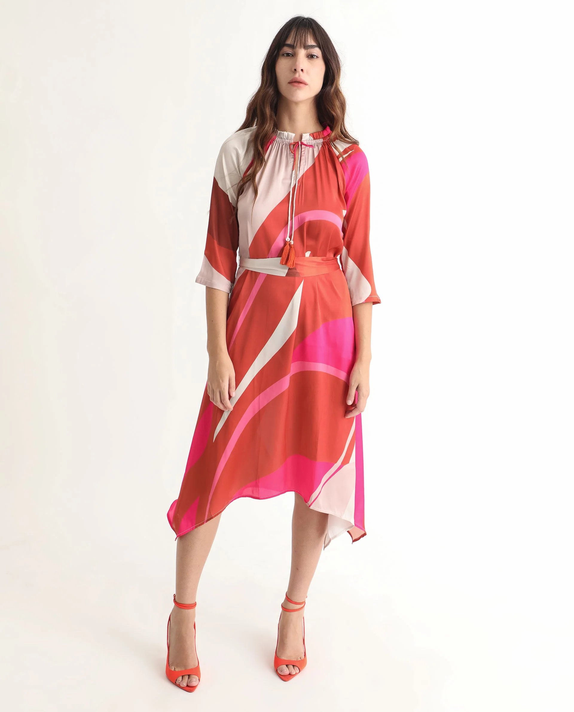 Rareism Women's Hughes Light Multi Polyester Tie-Up Neck Abstract Print Knee Length Regular Fit Dress - Image 7