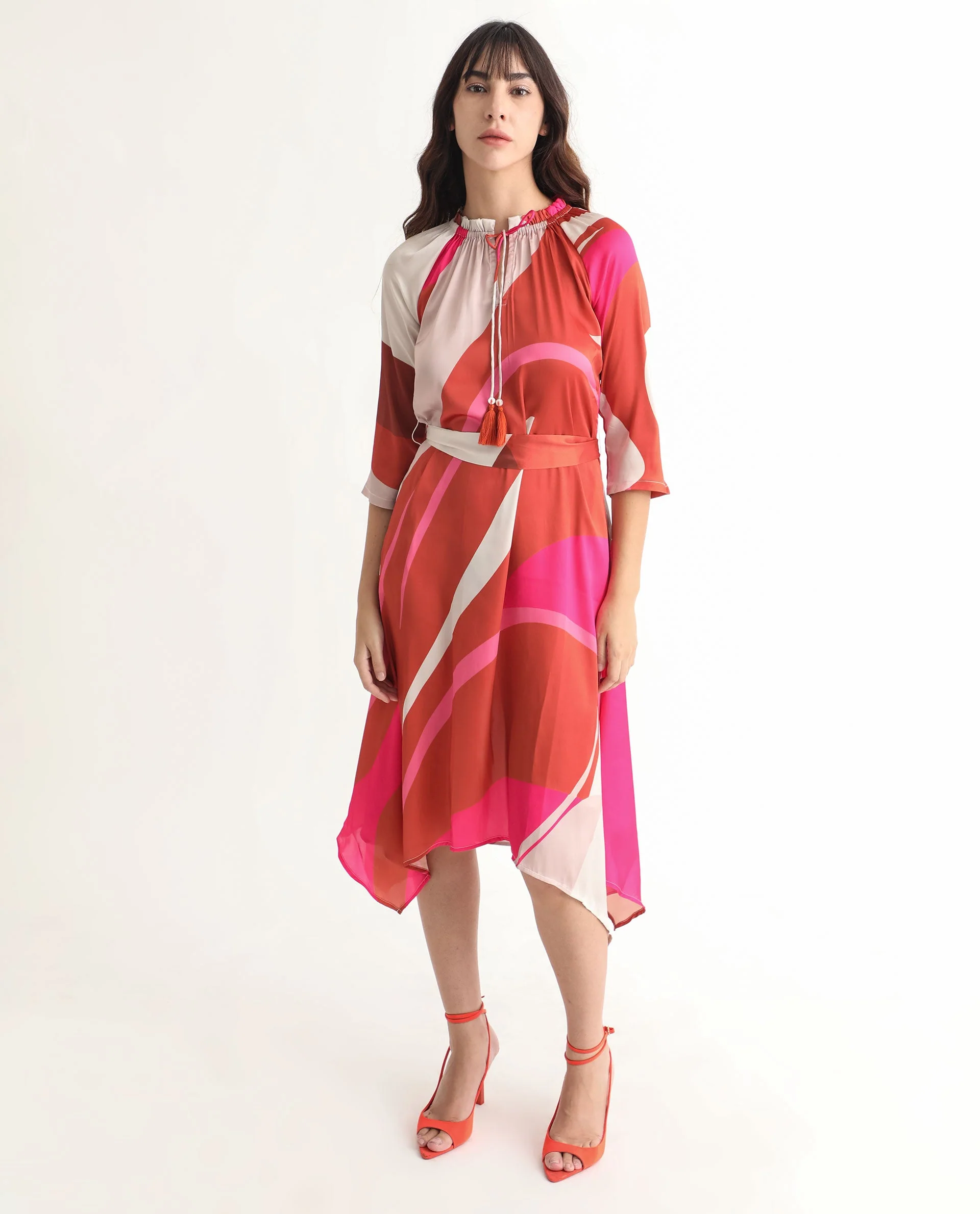 Rareism Women's Hughes Light Multi Polyester Tie-Up Neck Abstract Print Knee Length Regular Fit Dress - Image 8