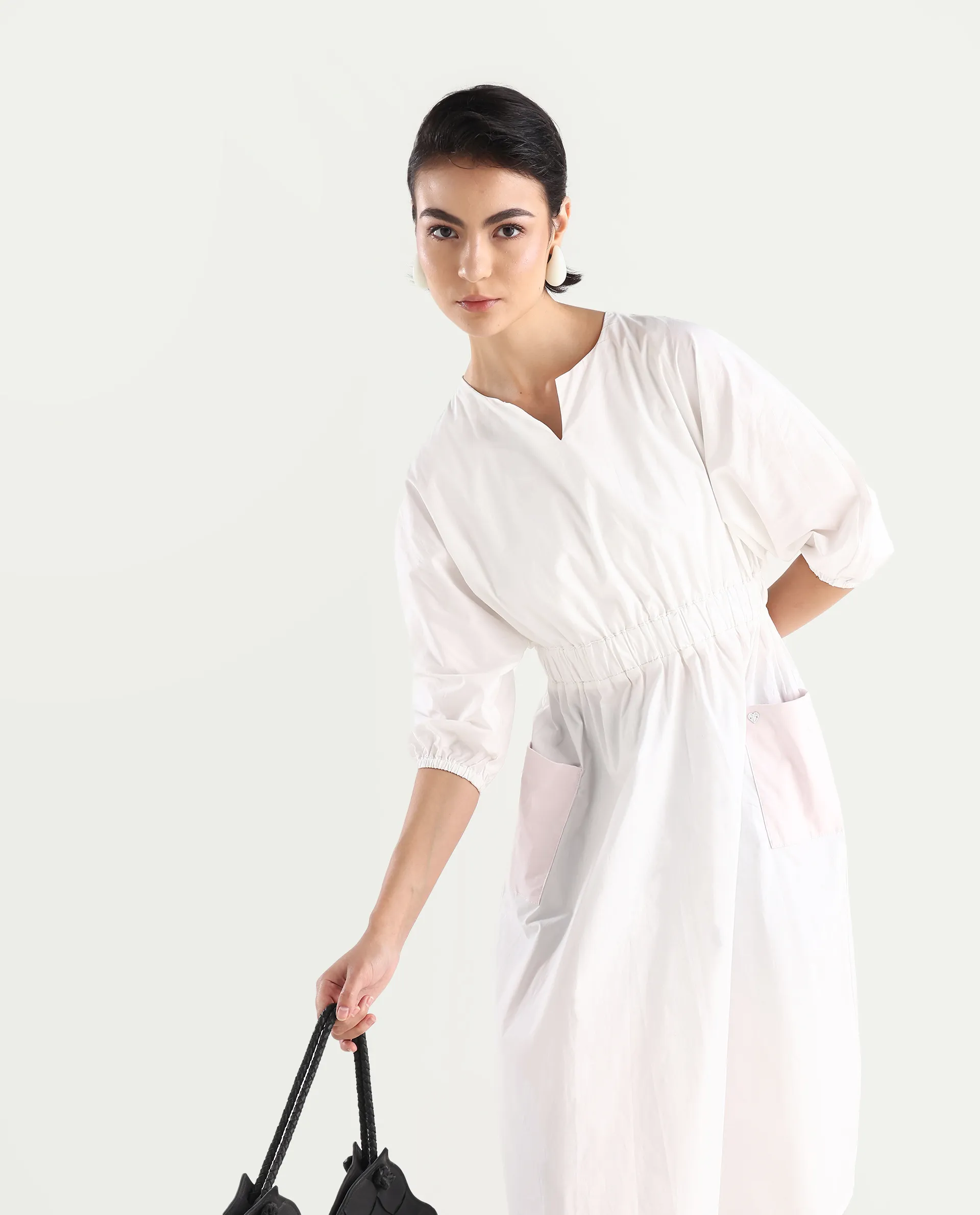 Rareism Women's Huibv White Cotton Blend Crew Neck Plain Bishop Sleeve Knee Length Fit And Flare Dress - Image 2