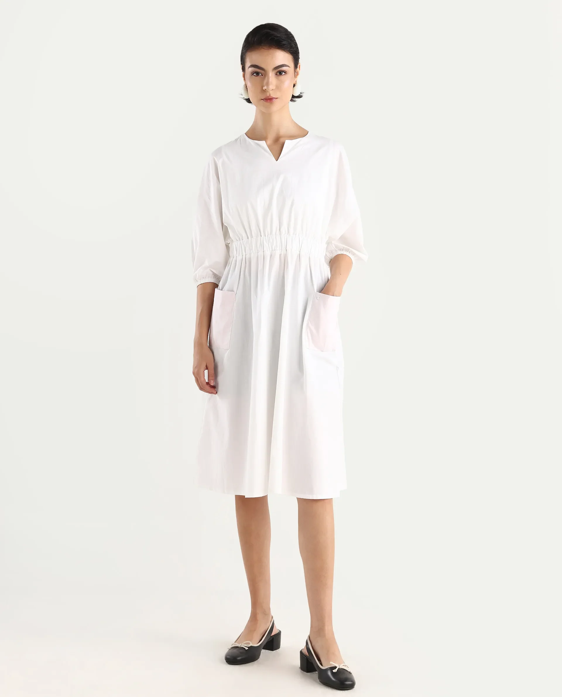 Rareism Women's Huibv White Cotton Blend Crew Neck Plain Bishop Sleeve Knee Length Fit And Flare Dress - Image 3