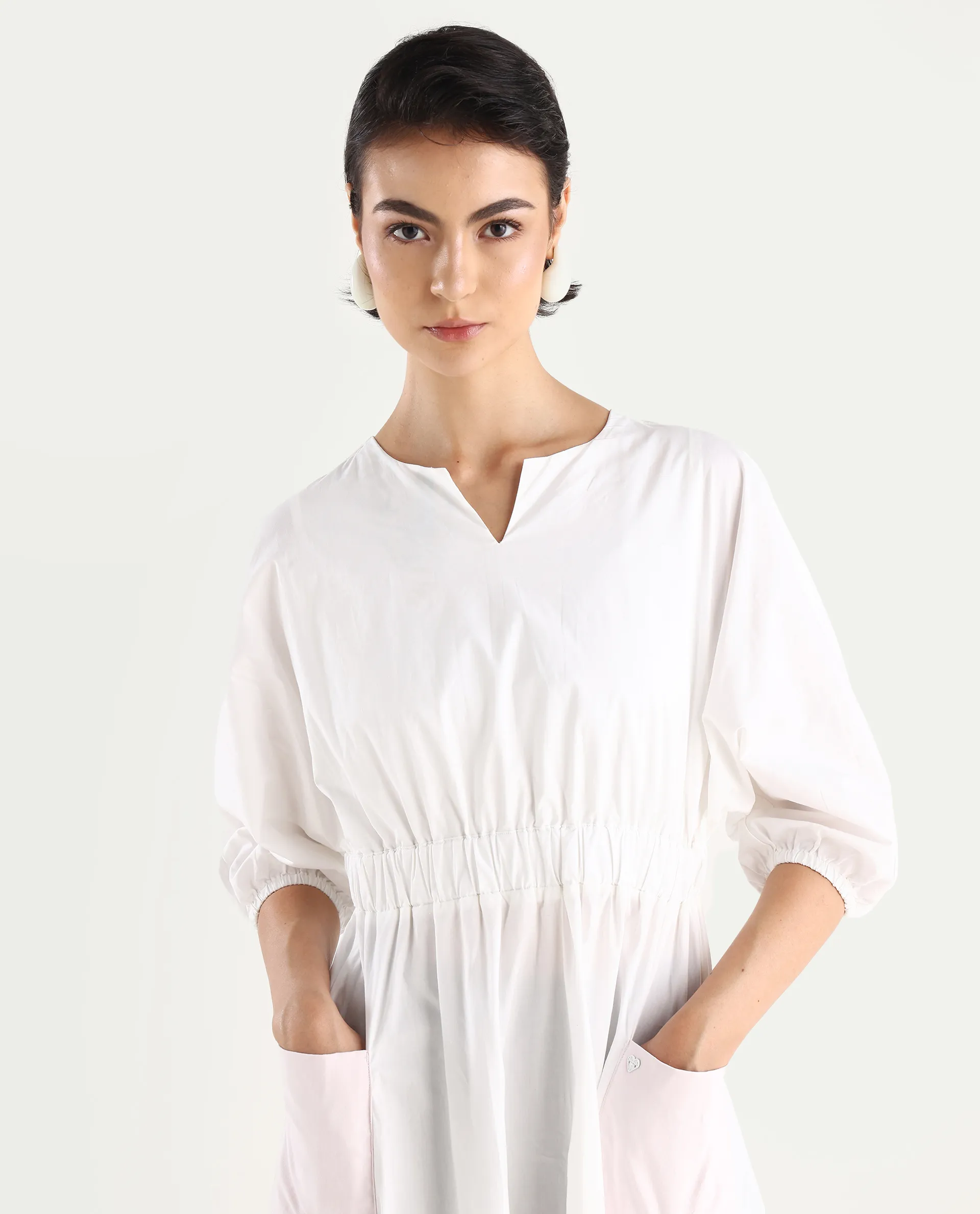 Rareism Women's Huibv White Cotton Blend Crew Neck Plain Bishop Sleeve Knee Length Fit And Flare Dress - Image 4