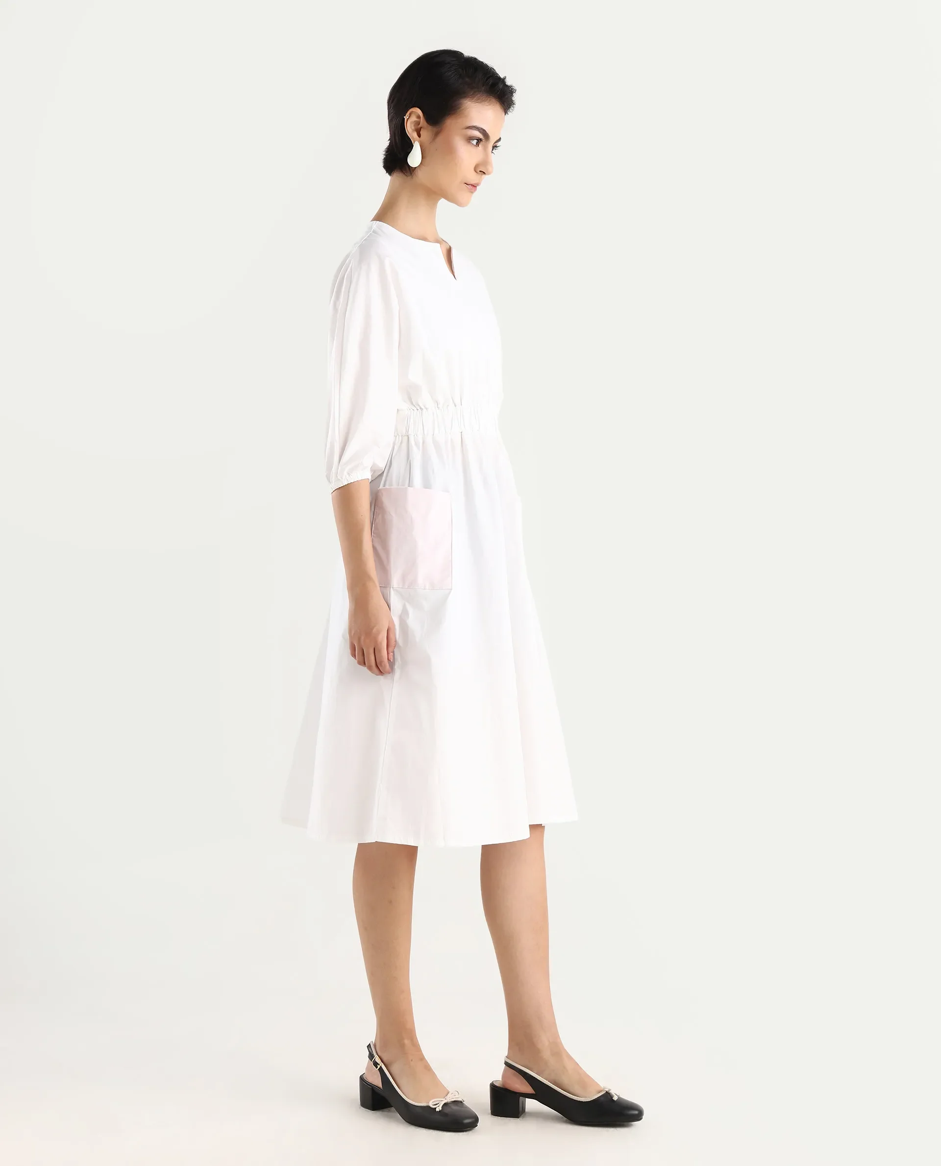 Rareism Women's Huibv White Cotton Blend Crew Neck Plain Bishop Sleeve Knee Length Fit And Flare Dress - Image 5