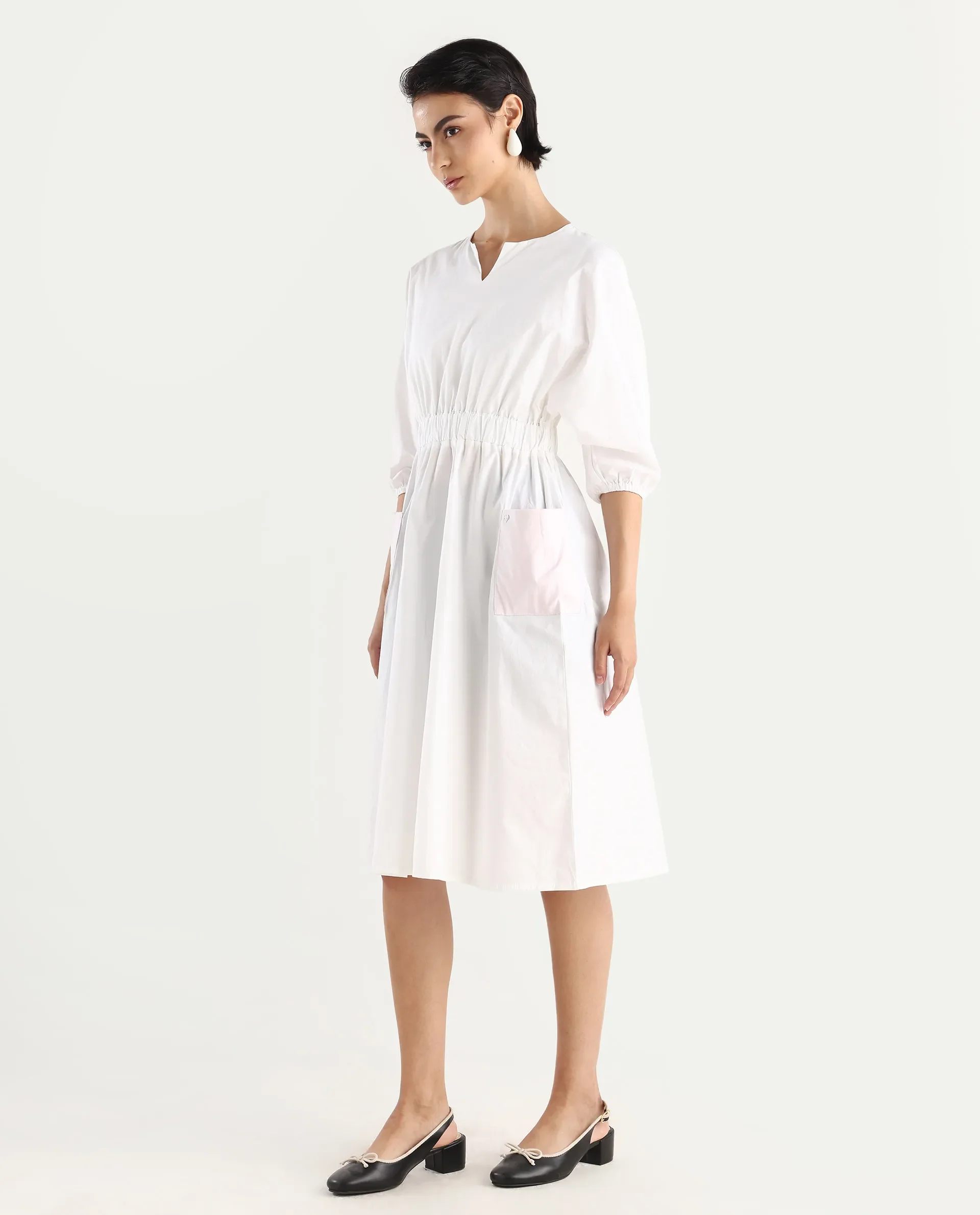 Rareism Women's Huibv White Cotton Blend Crew Neck Plain Bishop Sleeve Knee Length Fit And Flare Dress - Image 6