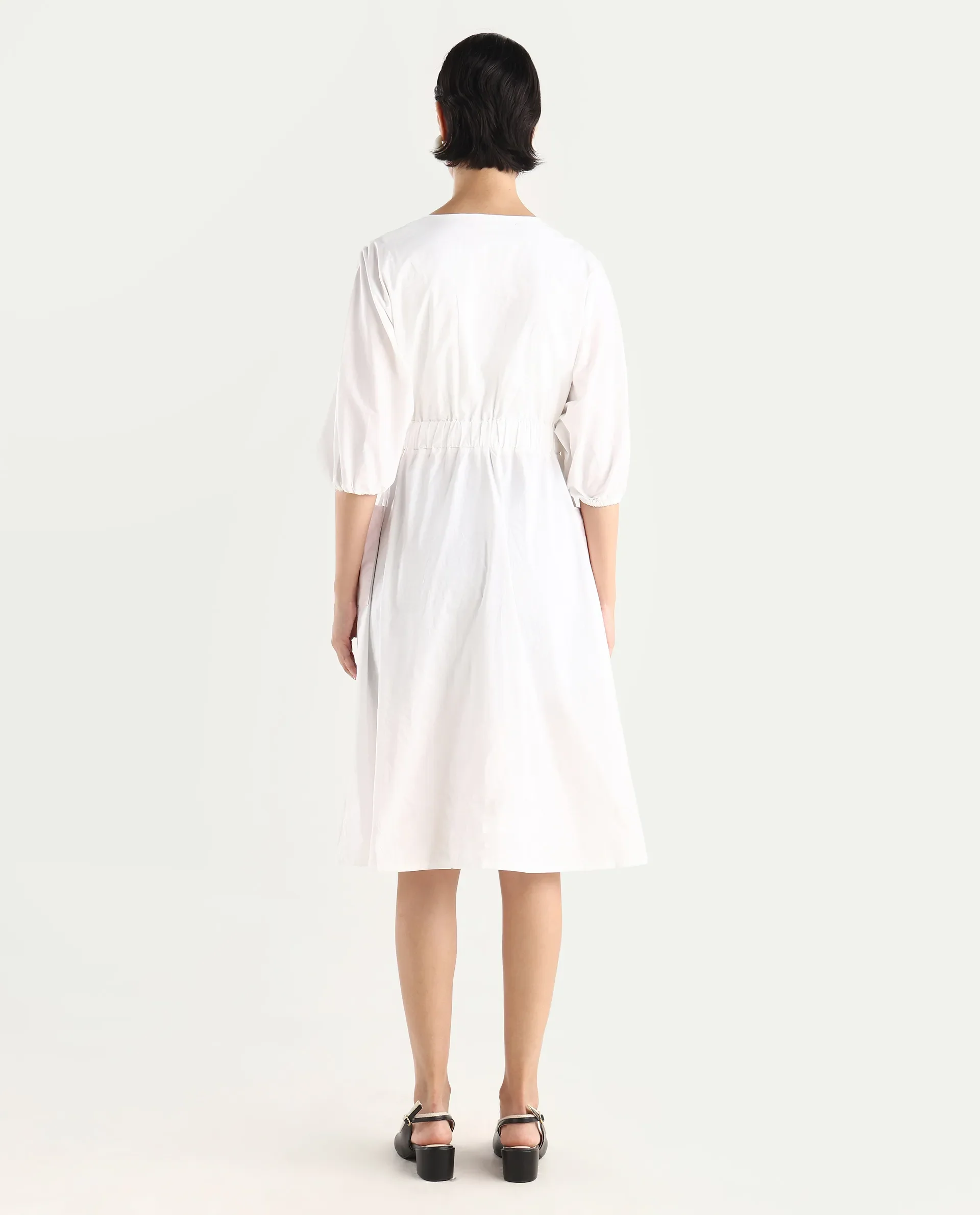 Rareism Women's Huibv White Cotton Blend Crew Neck Plain Bishop Sleeve Knee Length Fit And Flare Dress - Image 7