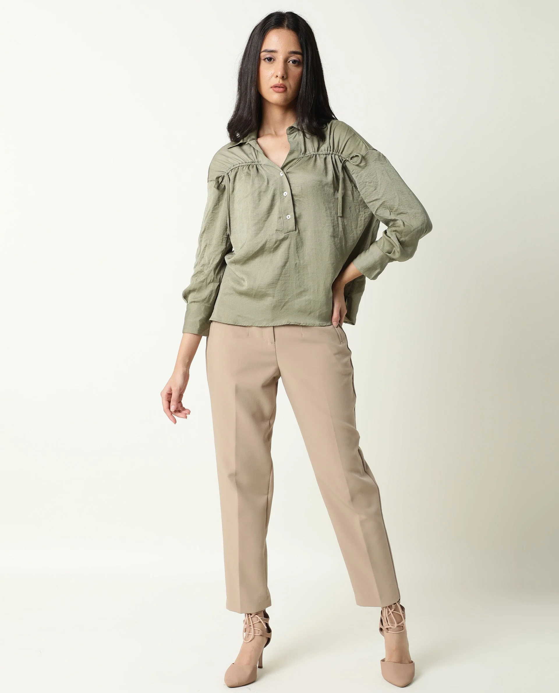 Rareism Women's Hullay Green Spread Collar Plain Knee Length Tailored Top - Image 10
