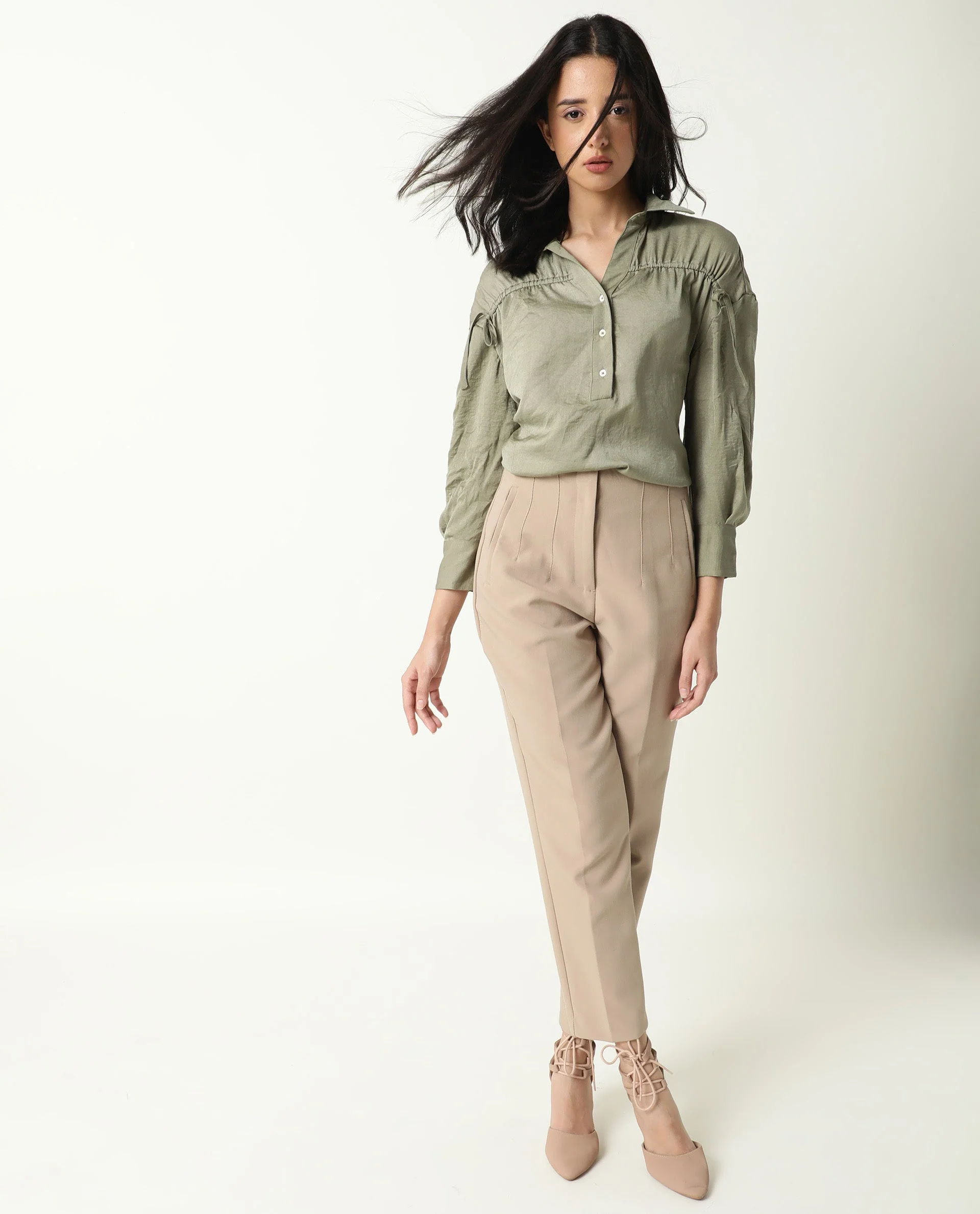 Rareism Women's Hullay Green Spread Collar Plain Knee Length Tailored Top - Image 7