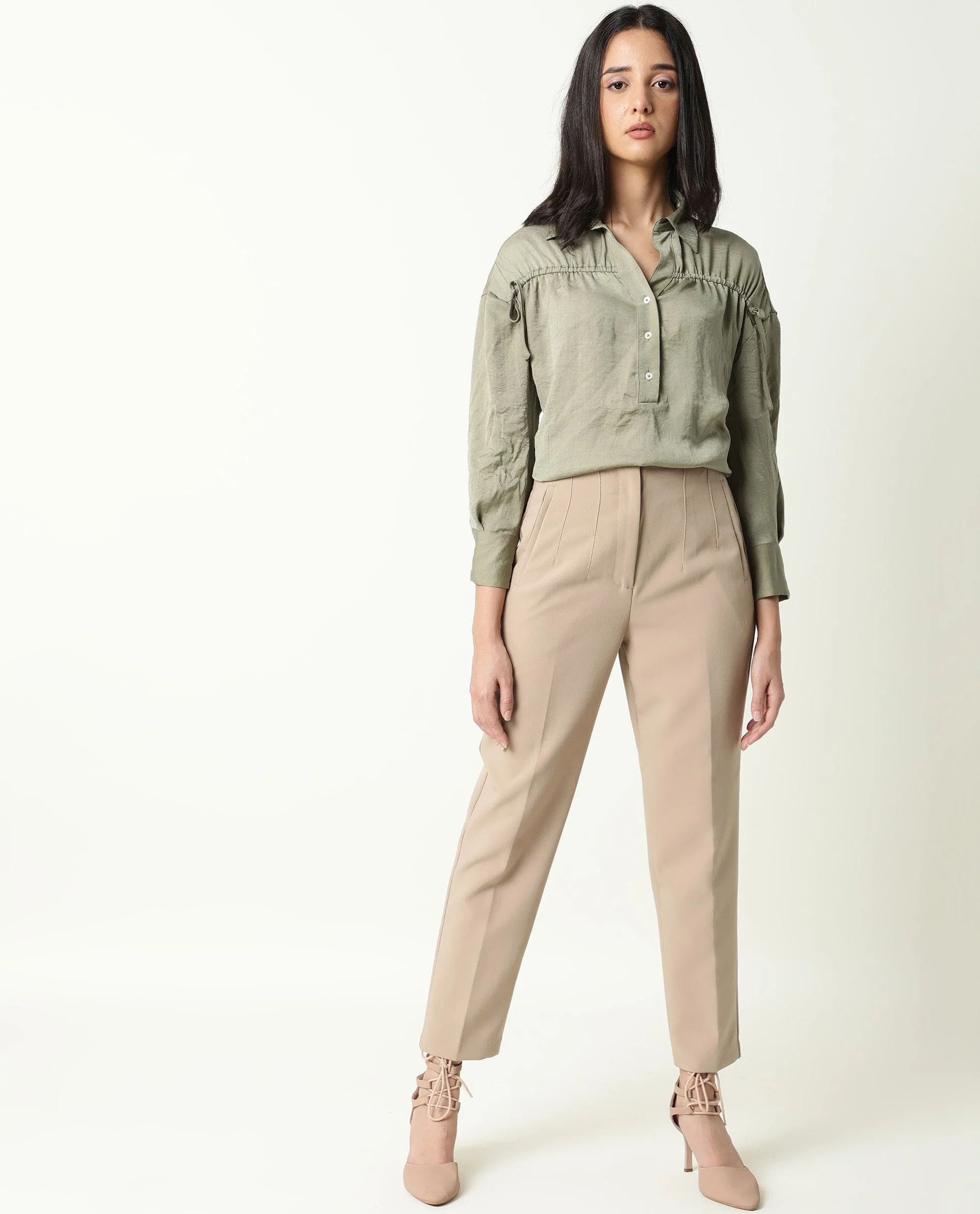 Rareism Women's Hullay Green Spread Collar Plain Knee Length Tailored Top - Image 8