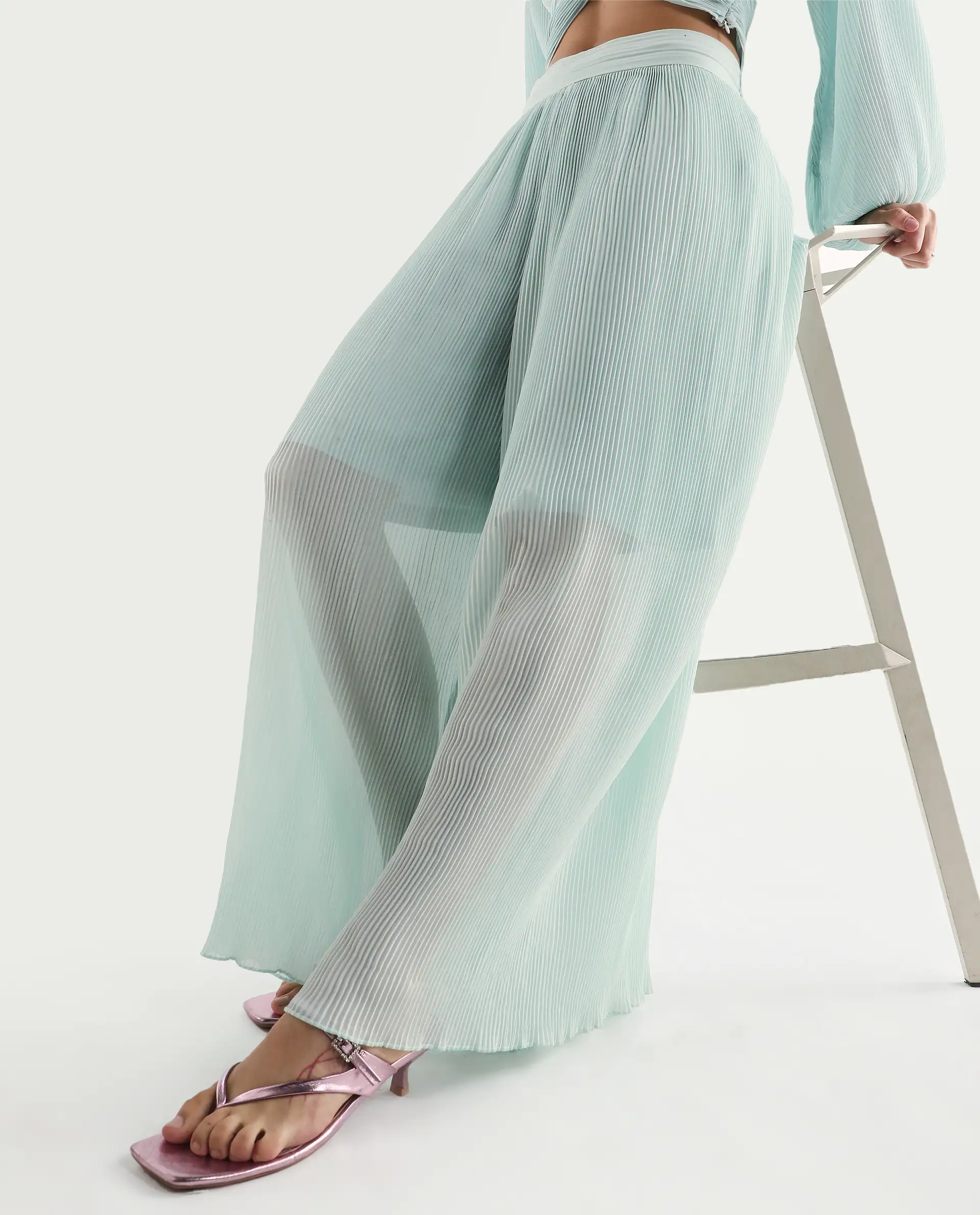 Rareism Women's Humphre-B Pastel Green Polyester Plain Ankle Length Flared Trouser - Image 2
