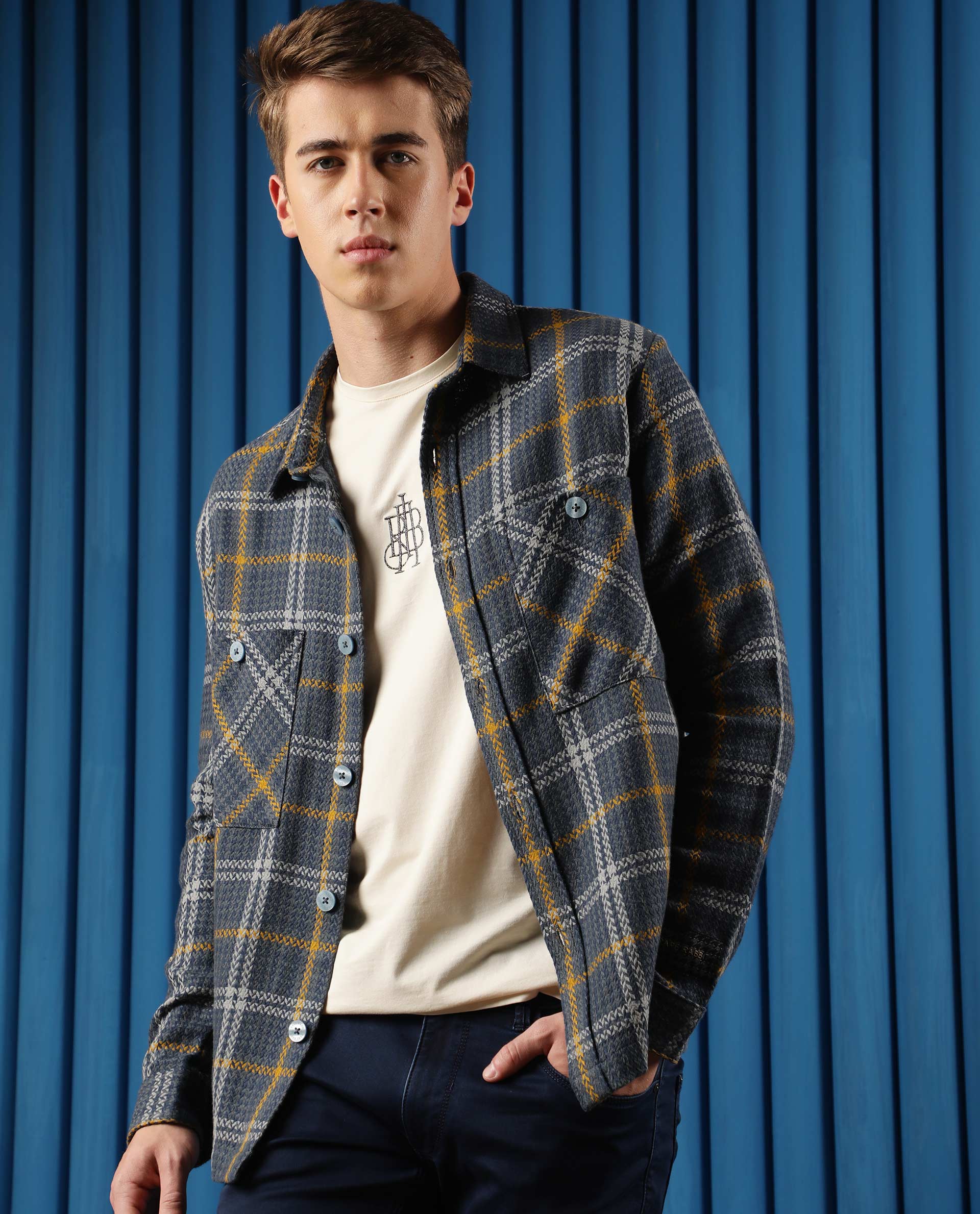 Rare Rabbit Men's Hunter Grey Cotton Checked Print Regular Fit Full Sleeve Spread Collar Jacket - Image 2