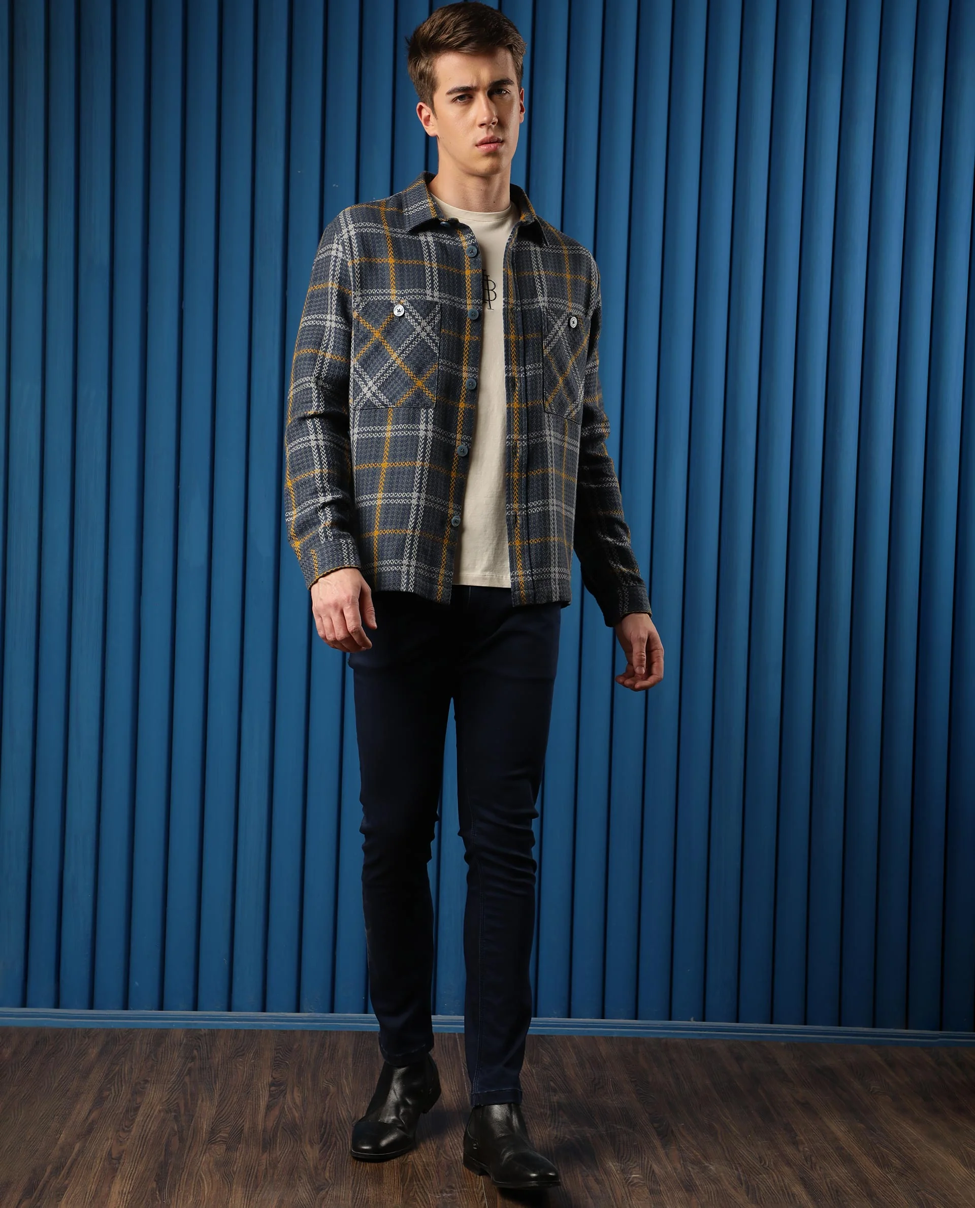 Rare Rabbit Men's Hunter Grey Cotton Checked Print Regular Fit Full Sleeve Spread Collar Jacket - Image 3