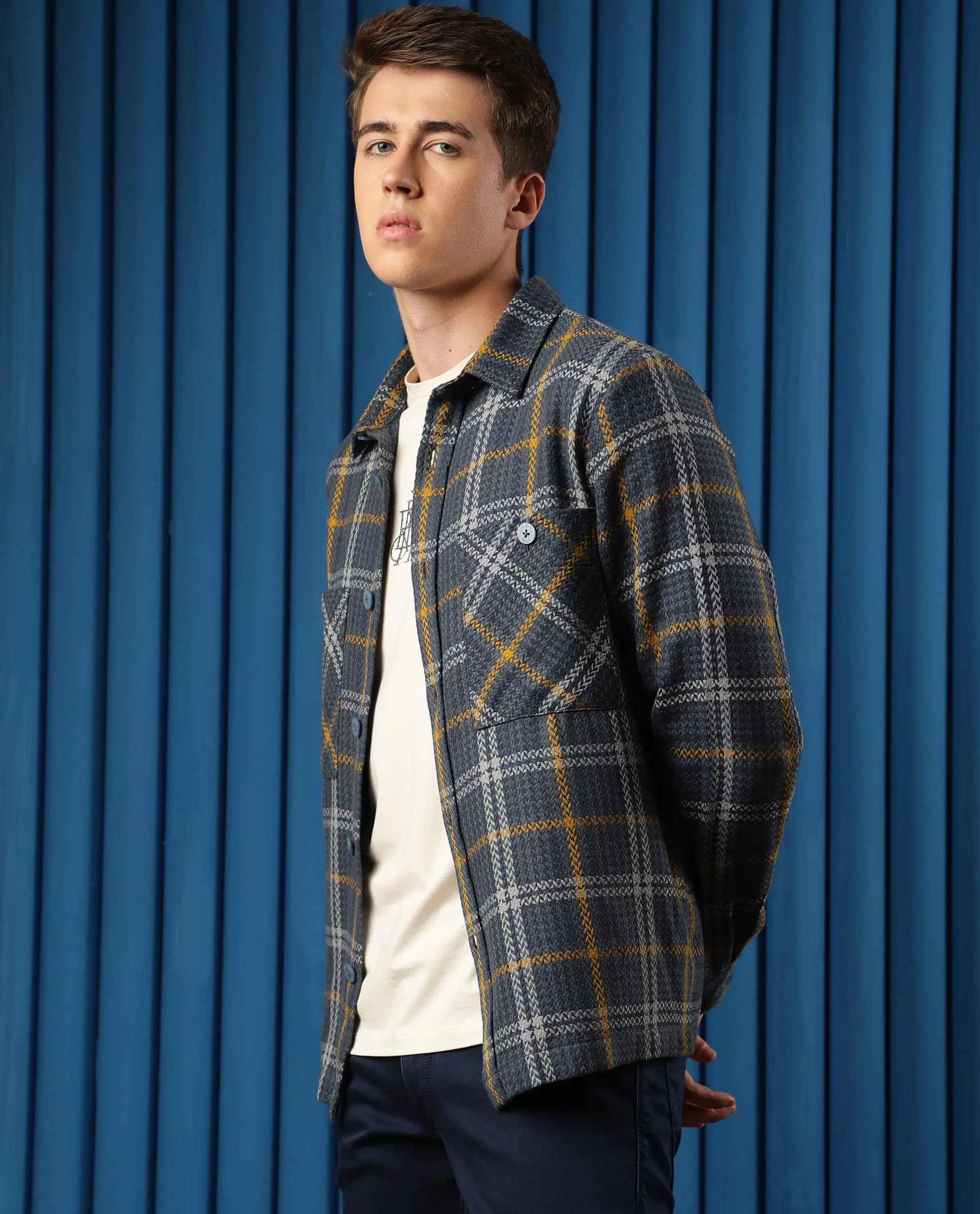 Rare Rabbit Men's Hunter Grey Cotton Checked Print Regular Fit Full Sleeve Spread Collar Jacket - Image 5