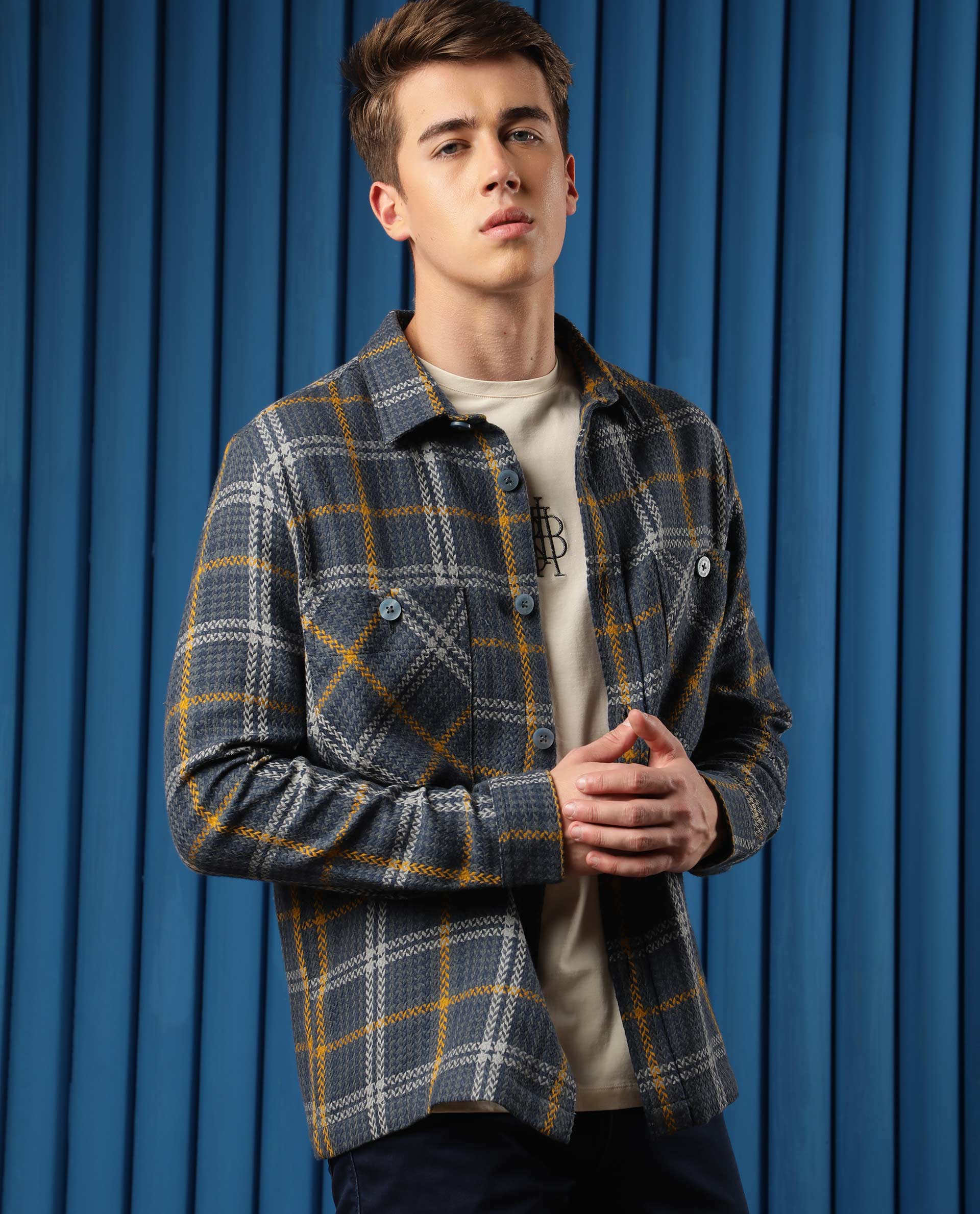 Rare Rabbit Men's Hunter Grey Cotton Checked Print Regular Fit Full Sleeve Spread Collar Jacket - Image 6