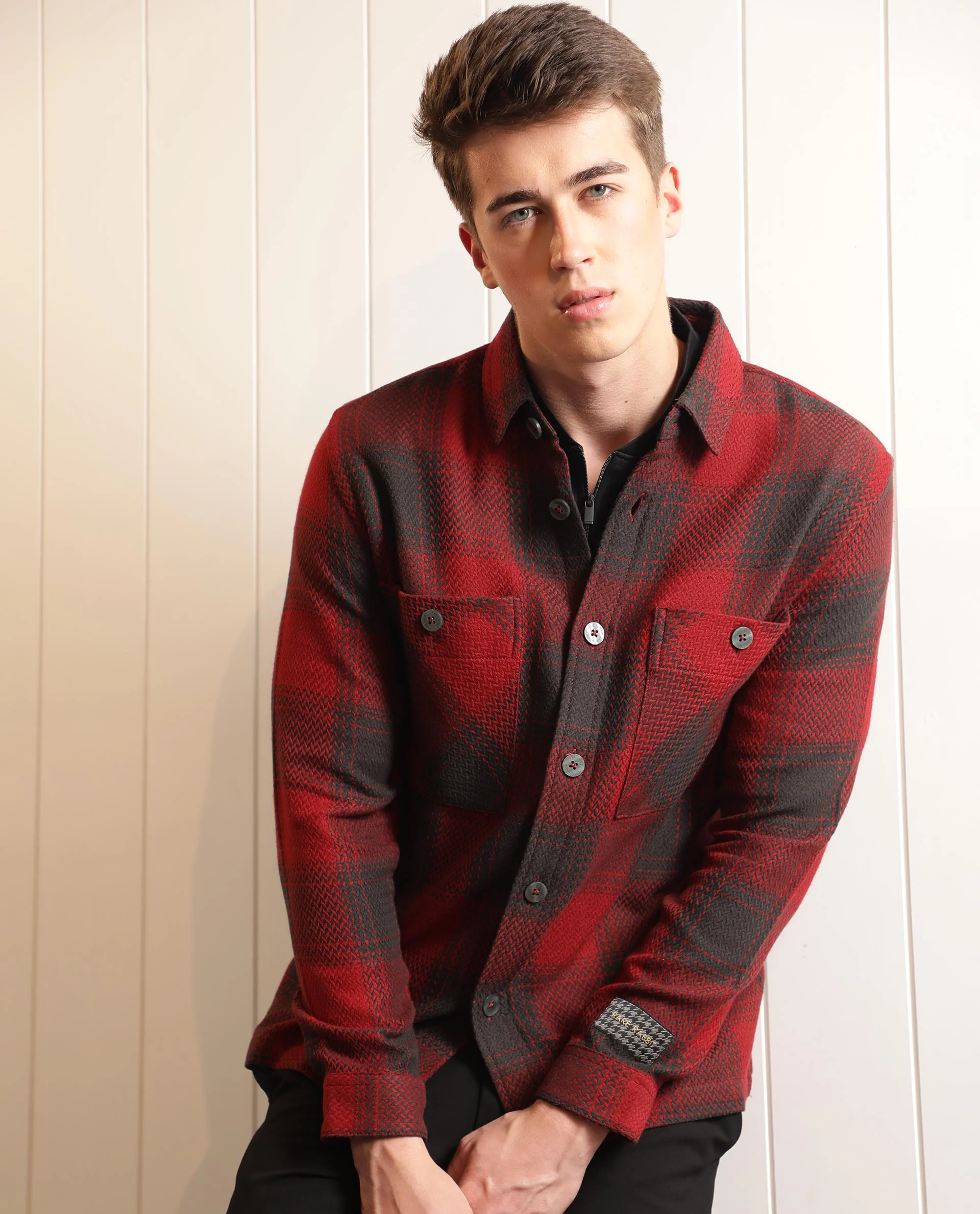 Rare Rabbit Men's Hunter Red Checked Print Regular Fit Full Sleeve Collared Jacket