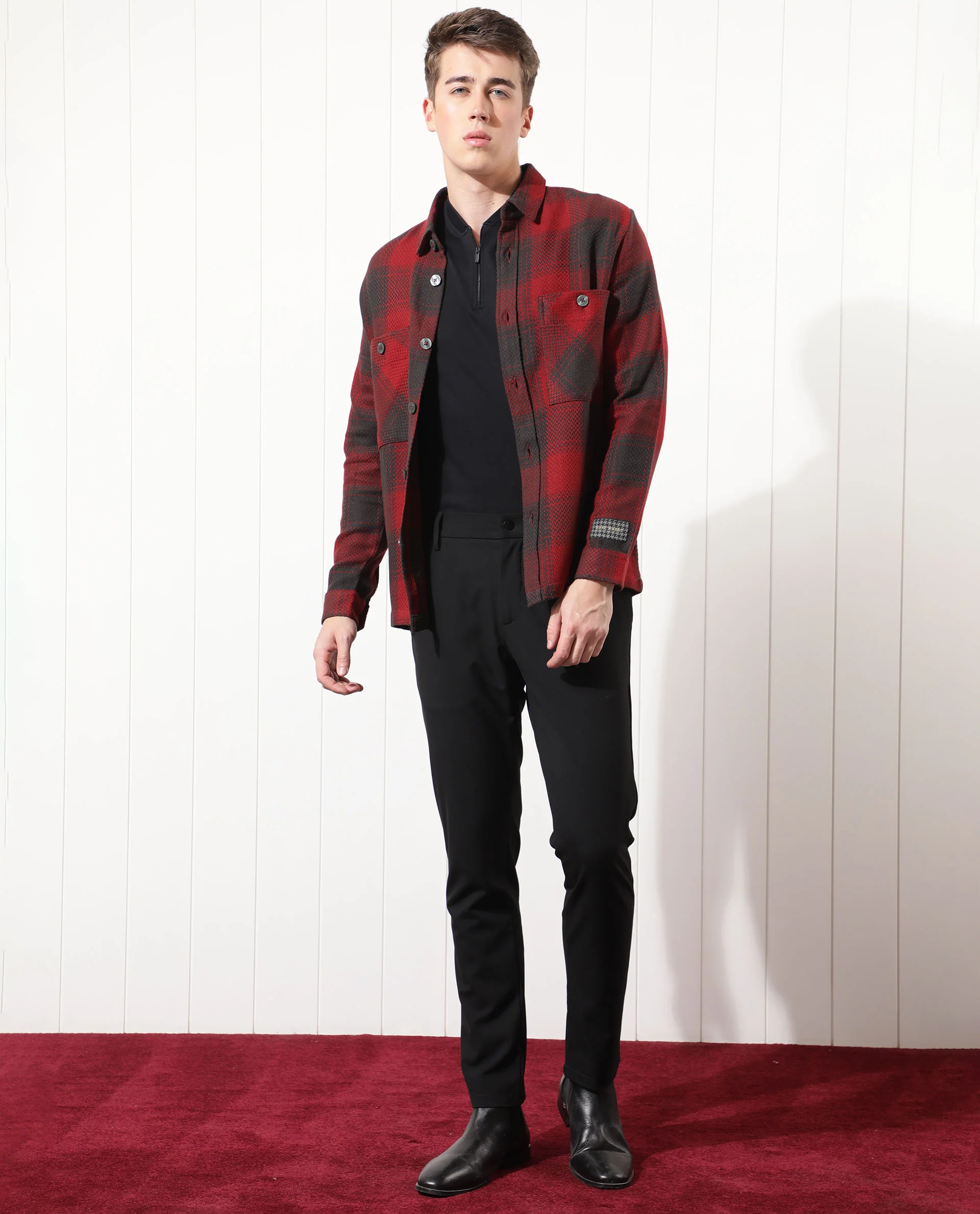 Rare Rabbit Men's Hunter Red Checked Print Regular Fit Full Sleeve Collared Jacket - Image 2