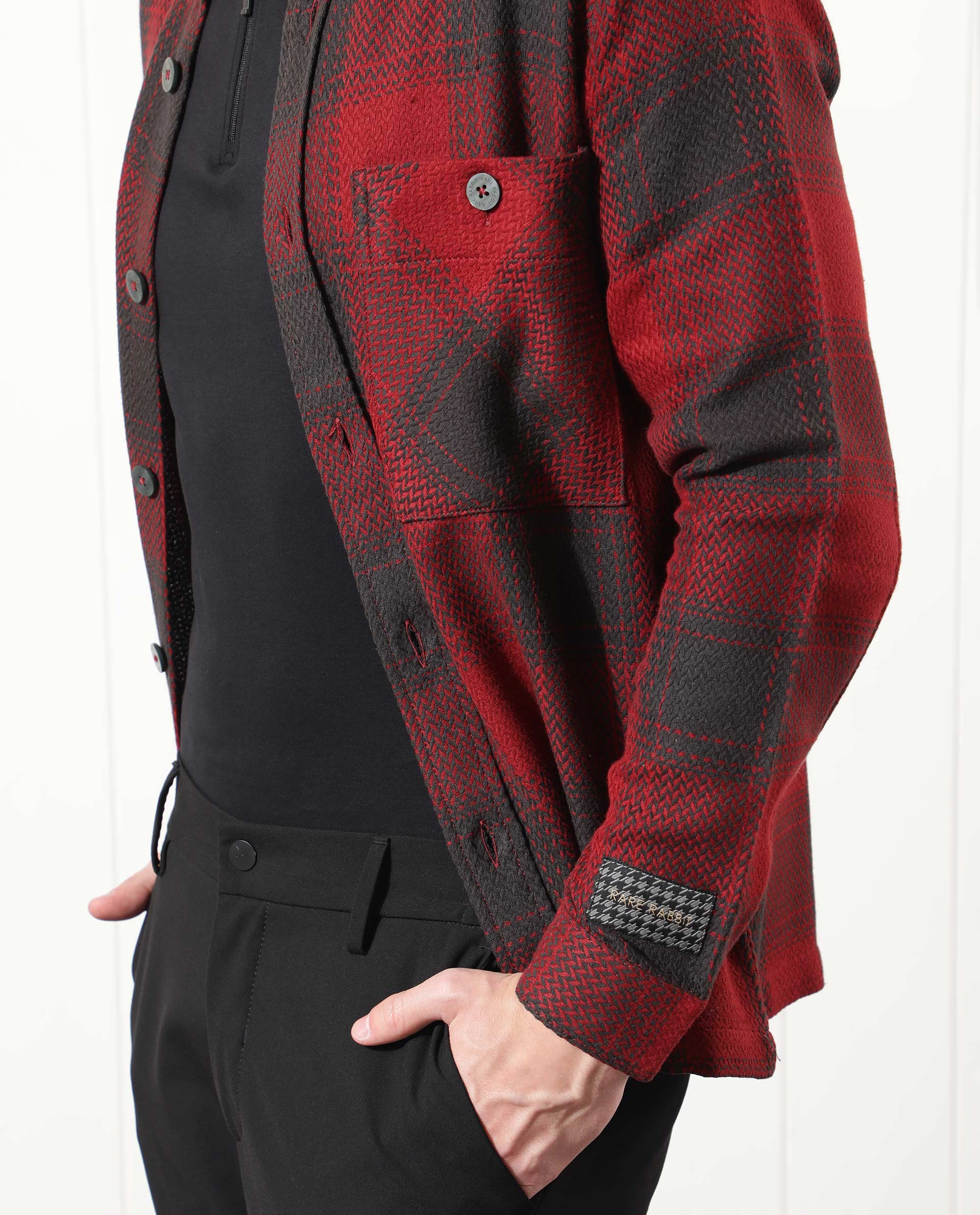 Rare Rabbit Men's Hunter Red Checked Print Regular Fit Full Sleeve Collared Jacket - Image 3