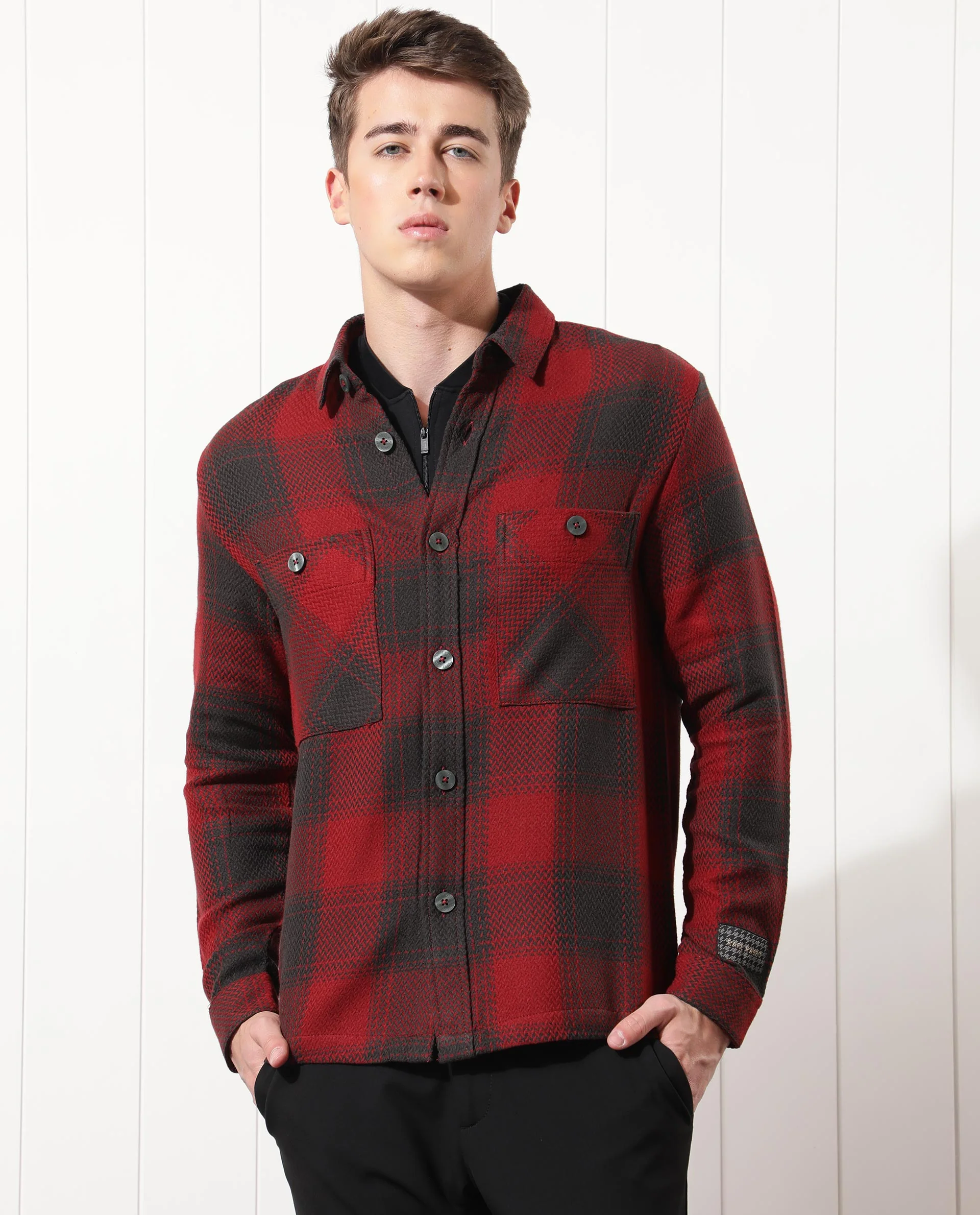 Rare Rabbit Men's Hunter Red Checked Print Regular Fit Full Sleeve Collared Jacket - Image 4