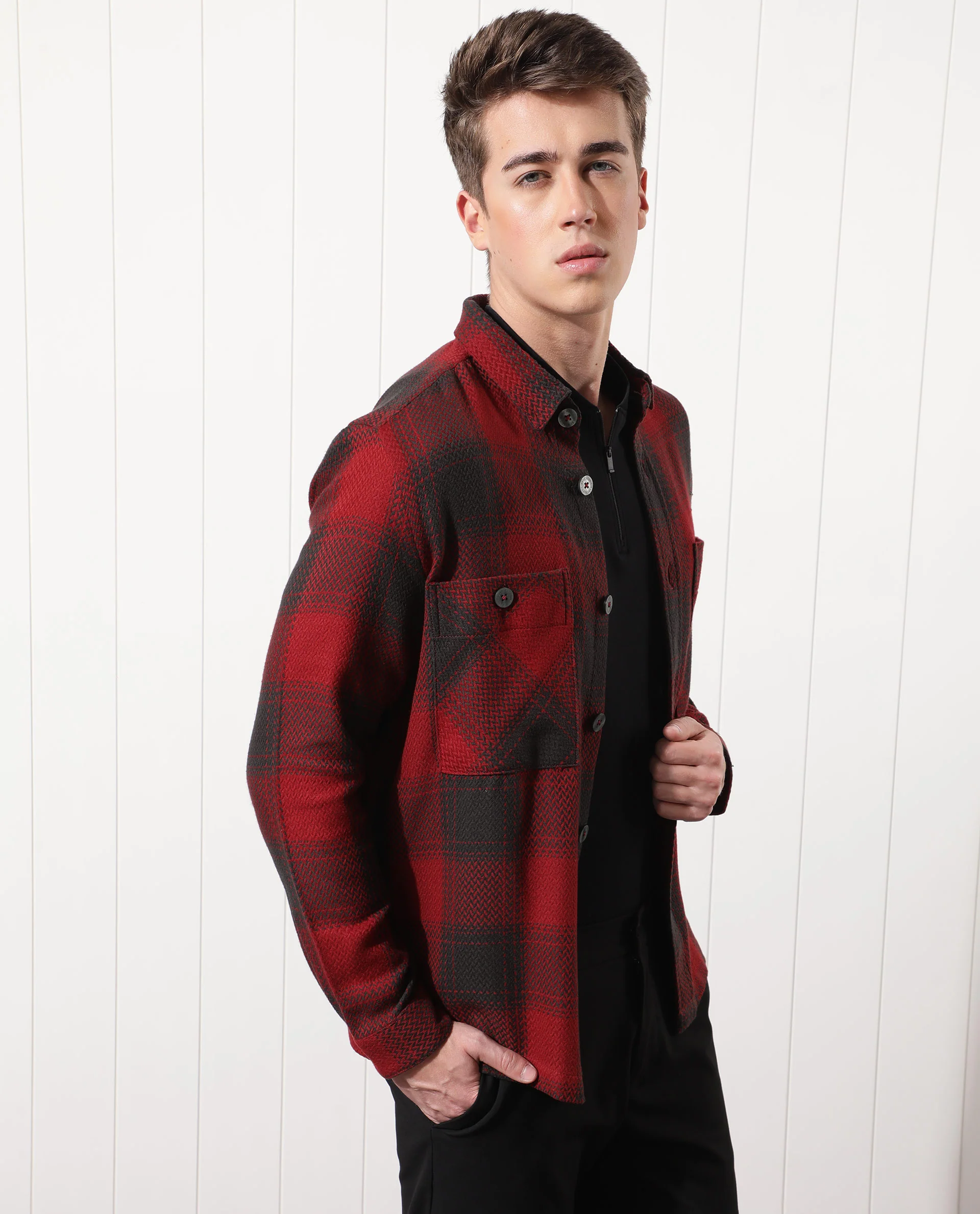 Rare Rabbit Men's Hunter Red Checked Print Regular Fit Full Sleeve Collared Jacket - Image 5