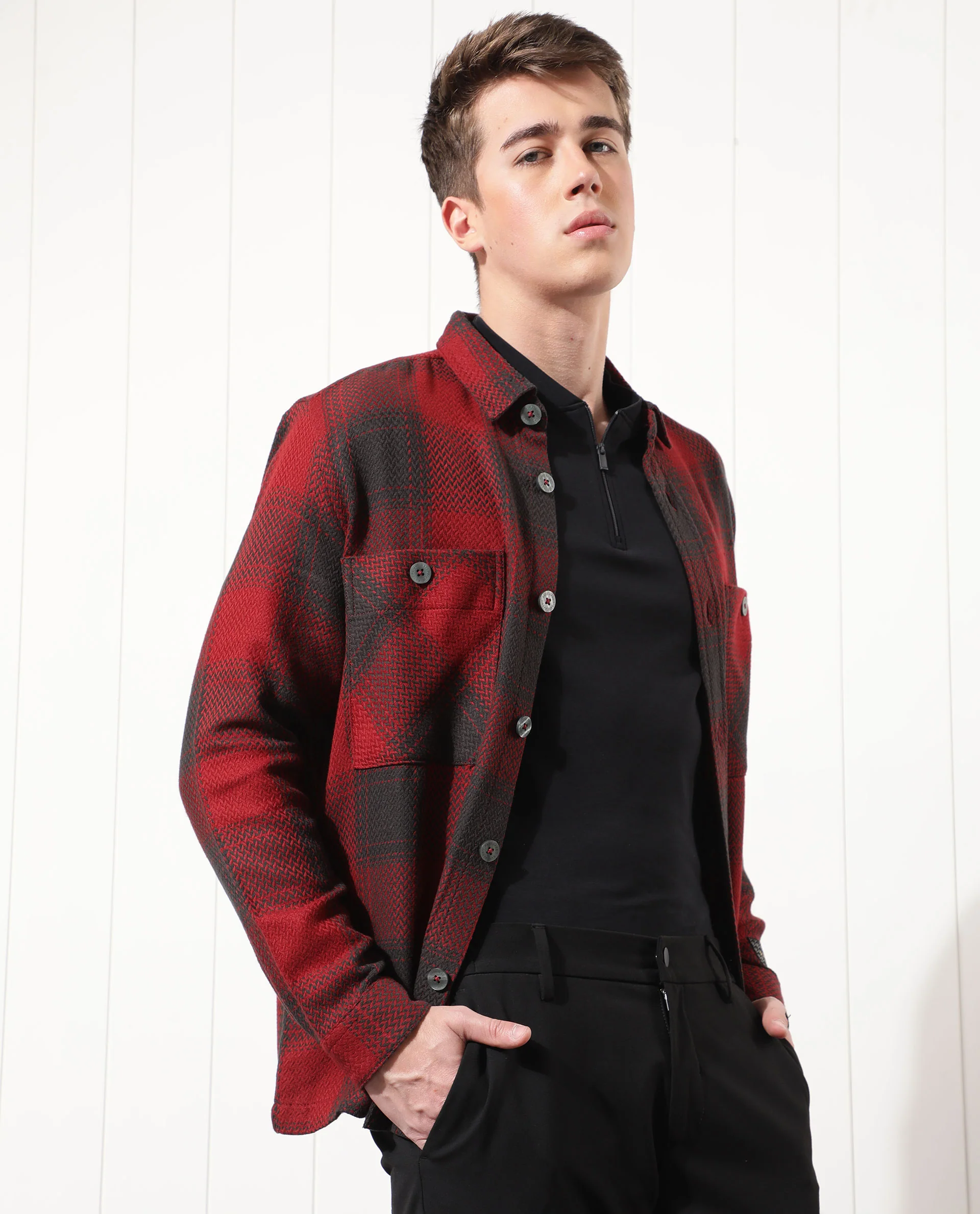 Rare Rabbit Men's Hunter Red Checked Print Regular Fit Full Sleeve Collared Jacket - Image 6