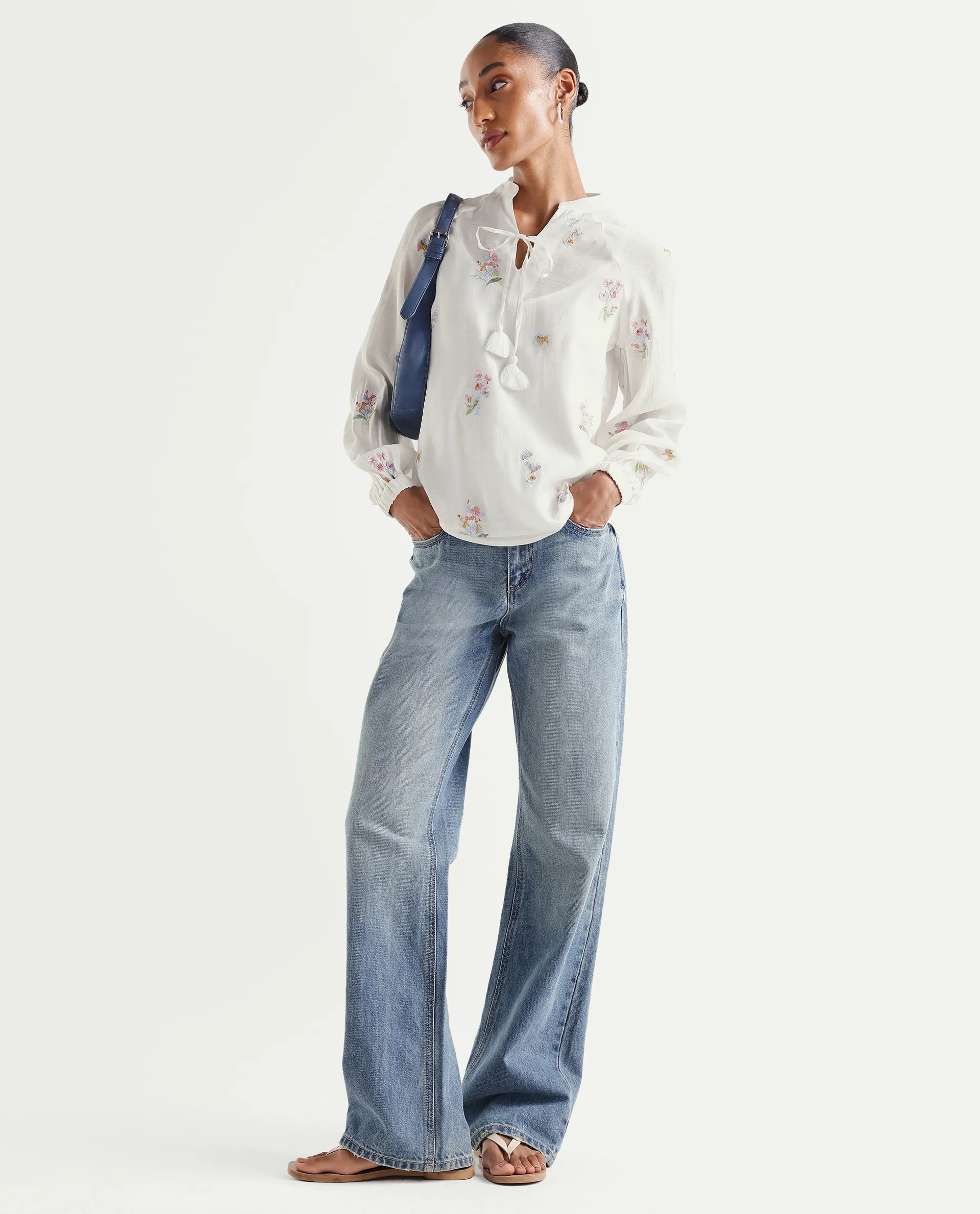 Rareism Women's Hura Off White Viscose Blend Band Collar Regular Plain Top - Image 2