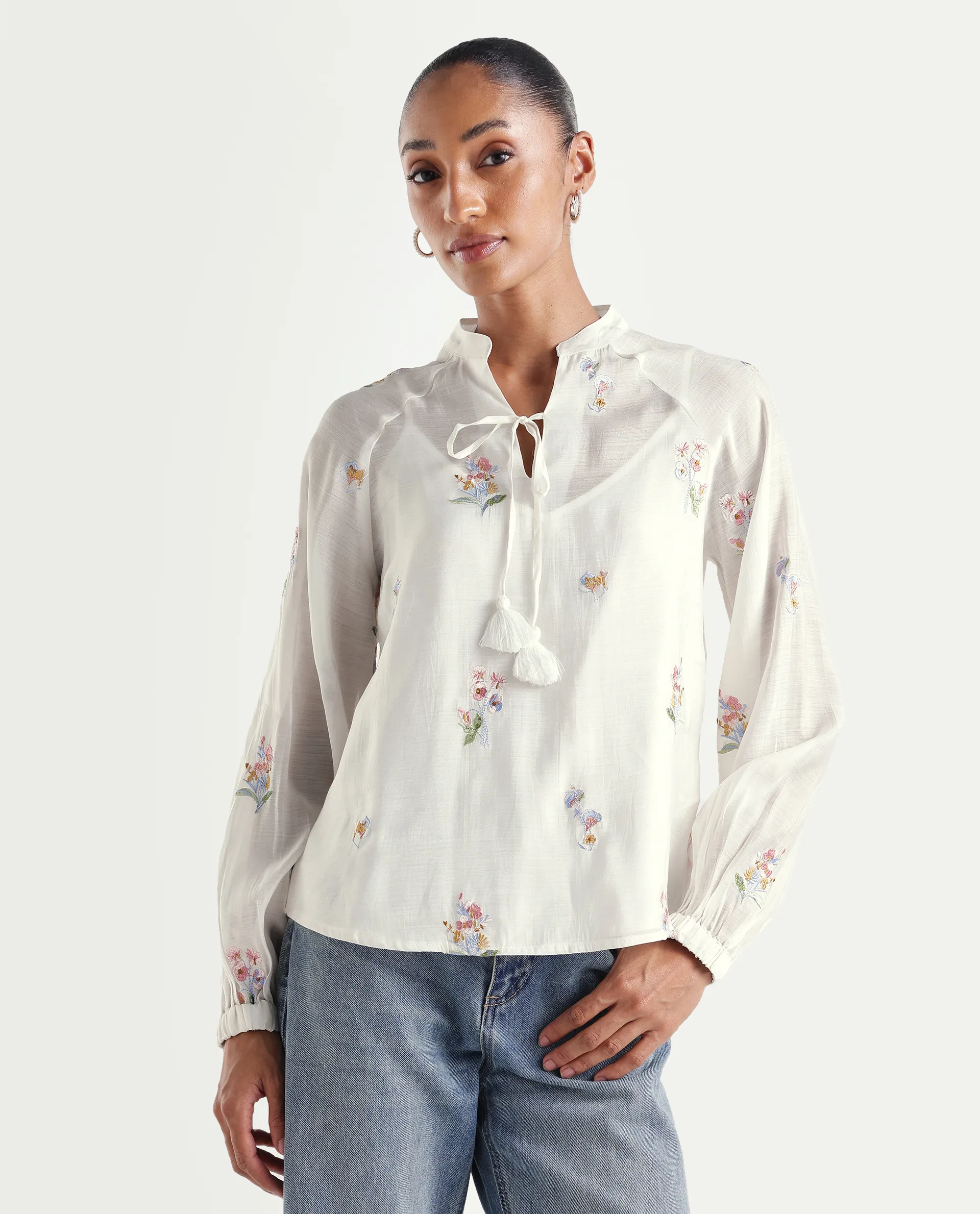 Rareism Women's Hura Off White Viscose Blend Band Collar Regular Plain Top - Image 3
