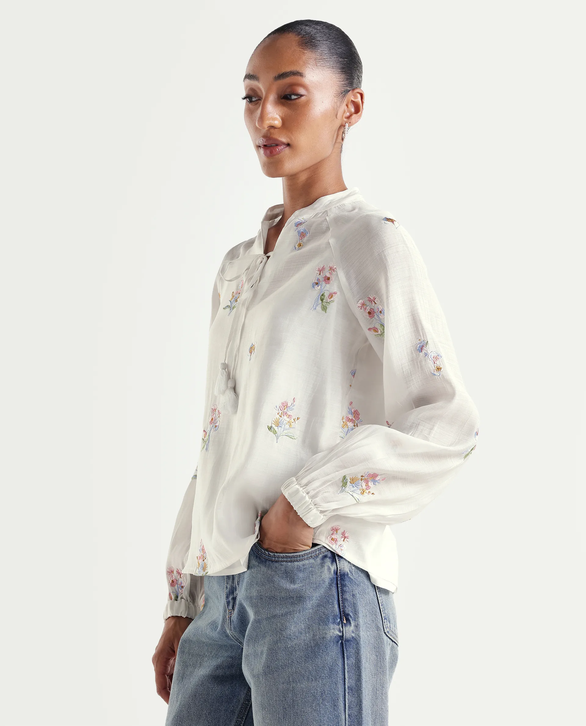 Rareism Women's Hura Off White Viscose Blend Band Collar Regular Plain Top - Image 6