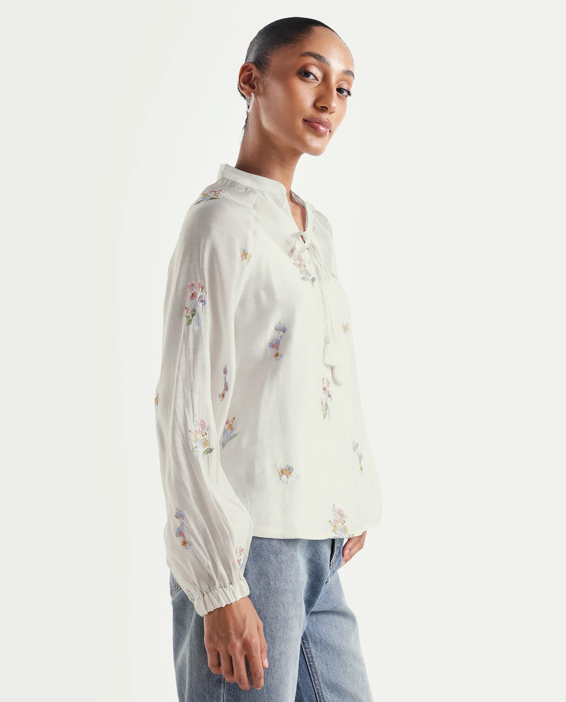 Rareism Women's Hura Off White Viscose Blend Band Collar Regular Plain Top - Image 7