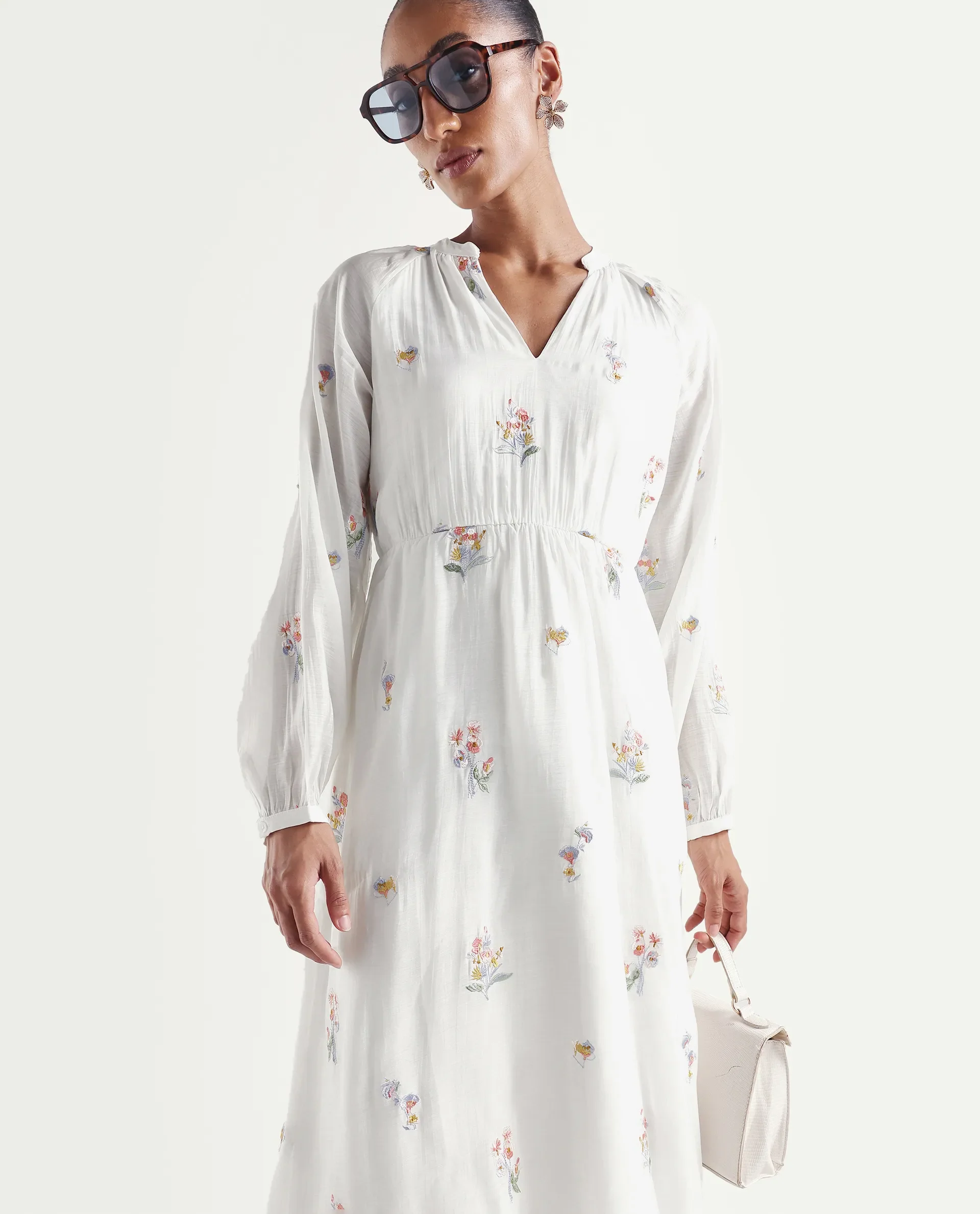 Rareism Women's Huri Off White Viscose Blend Band Collar Fit And Flare Plain Dress - Image 2
