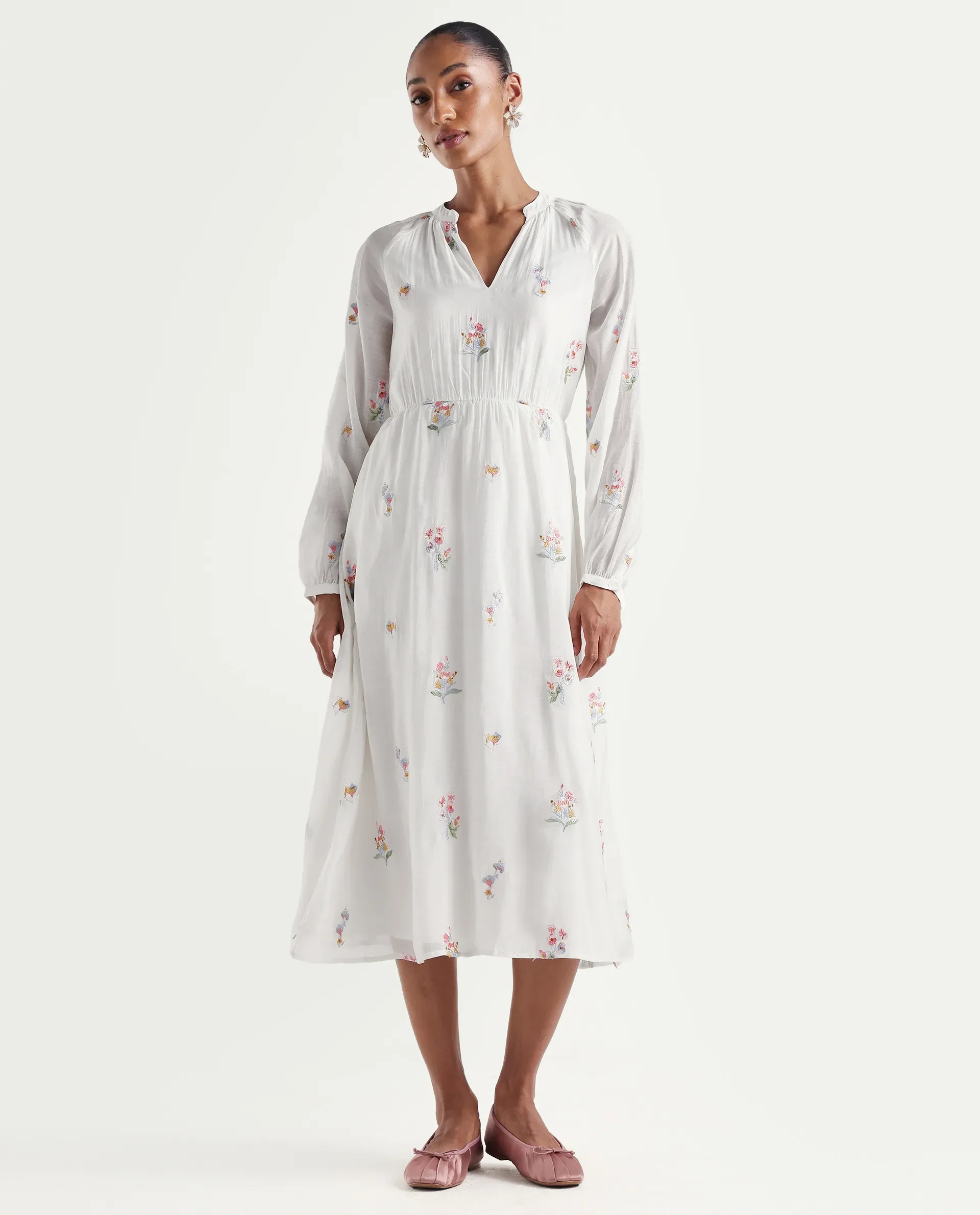 Rareism Women's Huri Off White Viscose Blend Band Collar Fit And Flare Plain Dress - Image 3