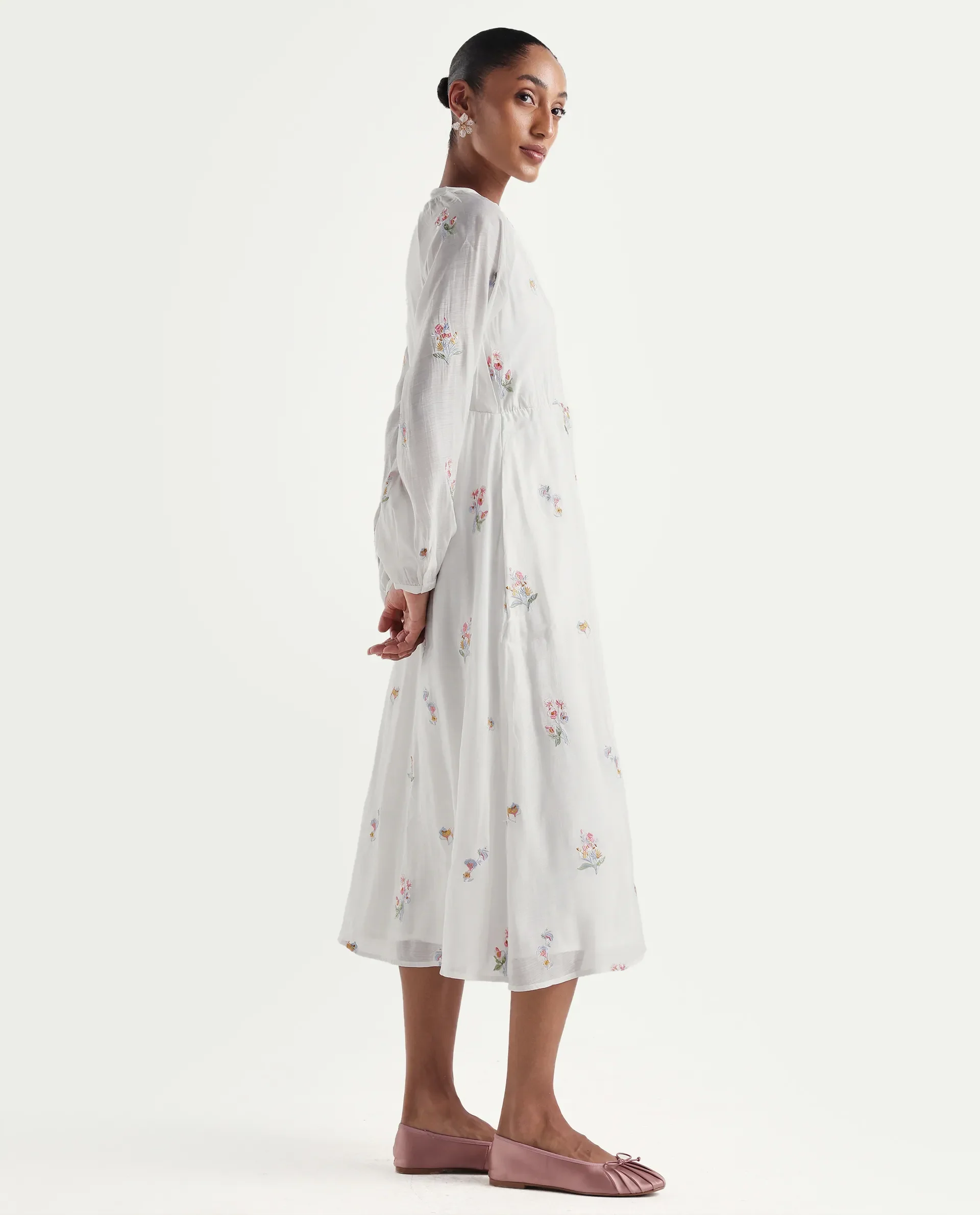 Rareism Women's Huri Off White Viscose Blend Band Collar Fit And Flare Plain Dress - Image 6