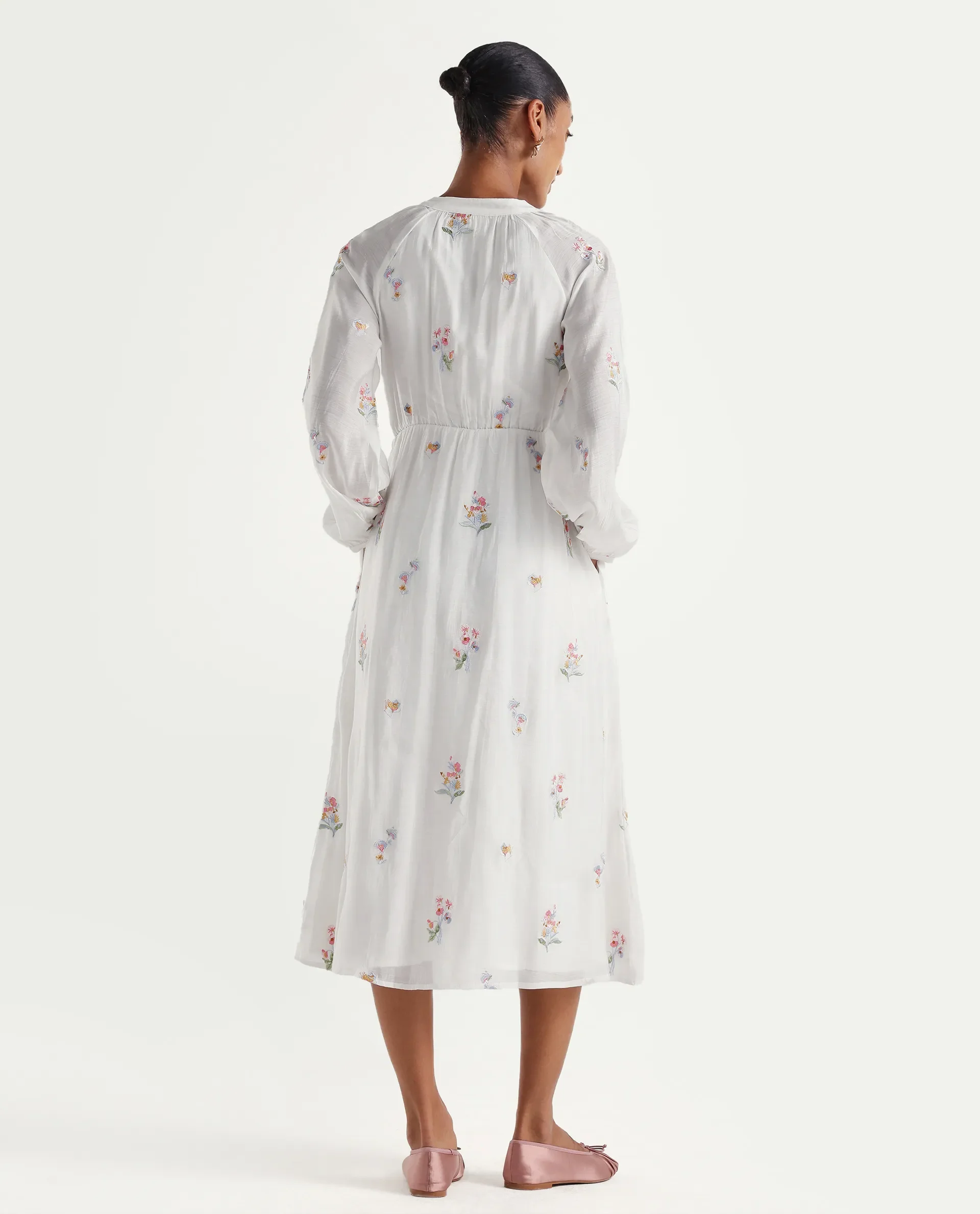 Rareism Women's Huri Off White Viscose Blend Band Collar Fit And Flare Plain Dress - Image 7