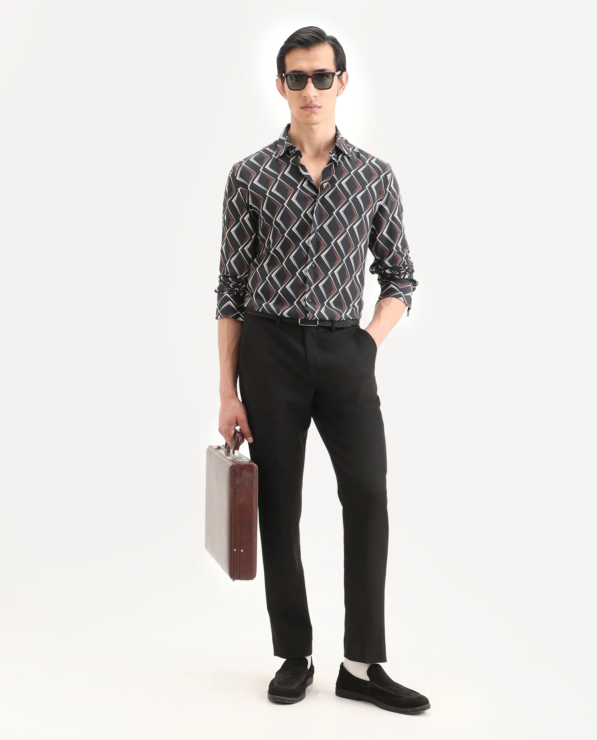 Rare Rabbit Men's Hurn Black Viscose Fabric Full Sleeve Spread Collar Regular Fit Geometric Print Shirt - Image 2