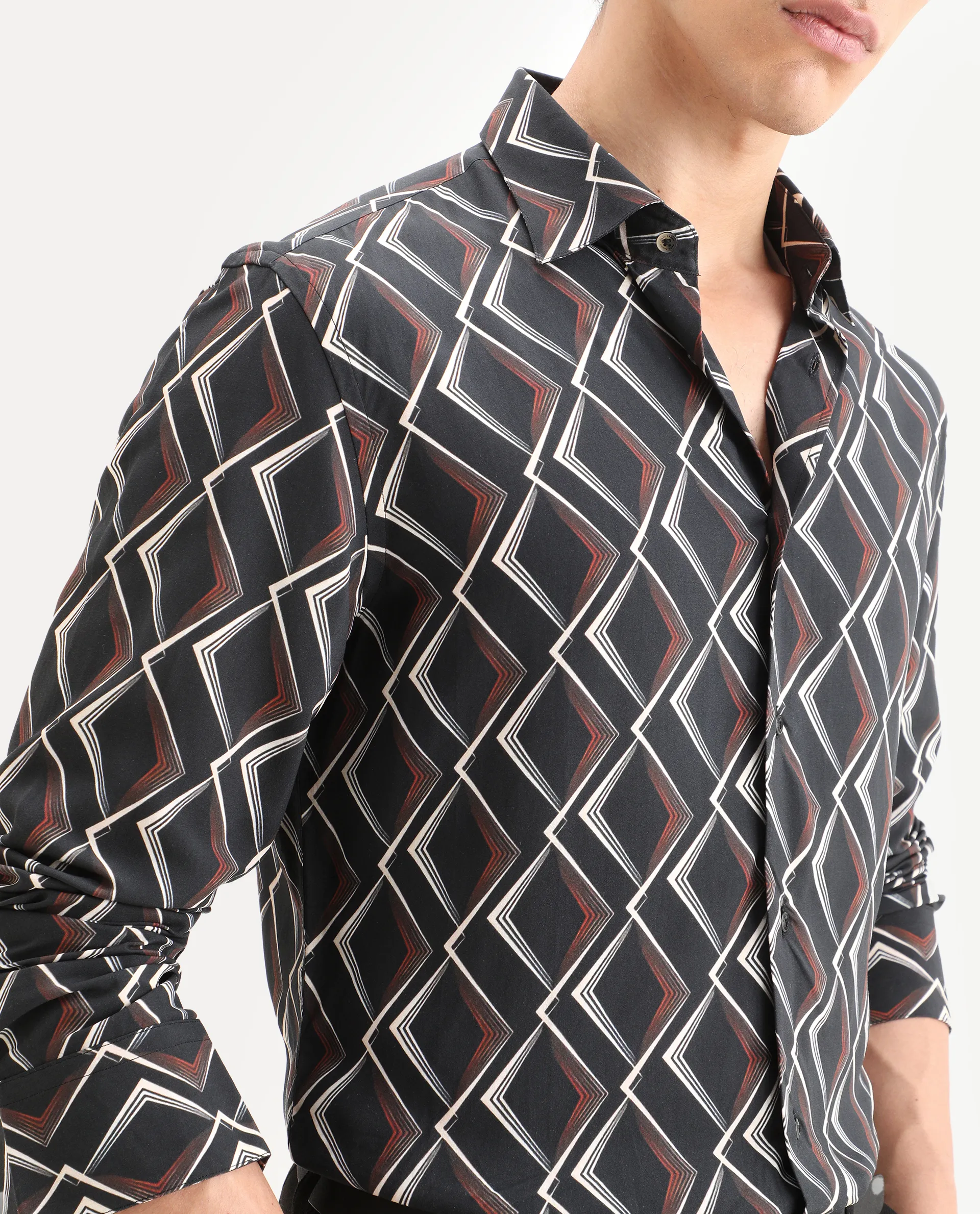 Rare Rabbit Men's Hurn Black Viscose Fabric Full Sleeve Spread Collar Regular Fit Geometric Print Shirt - Image 3