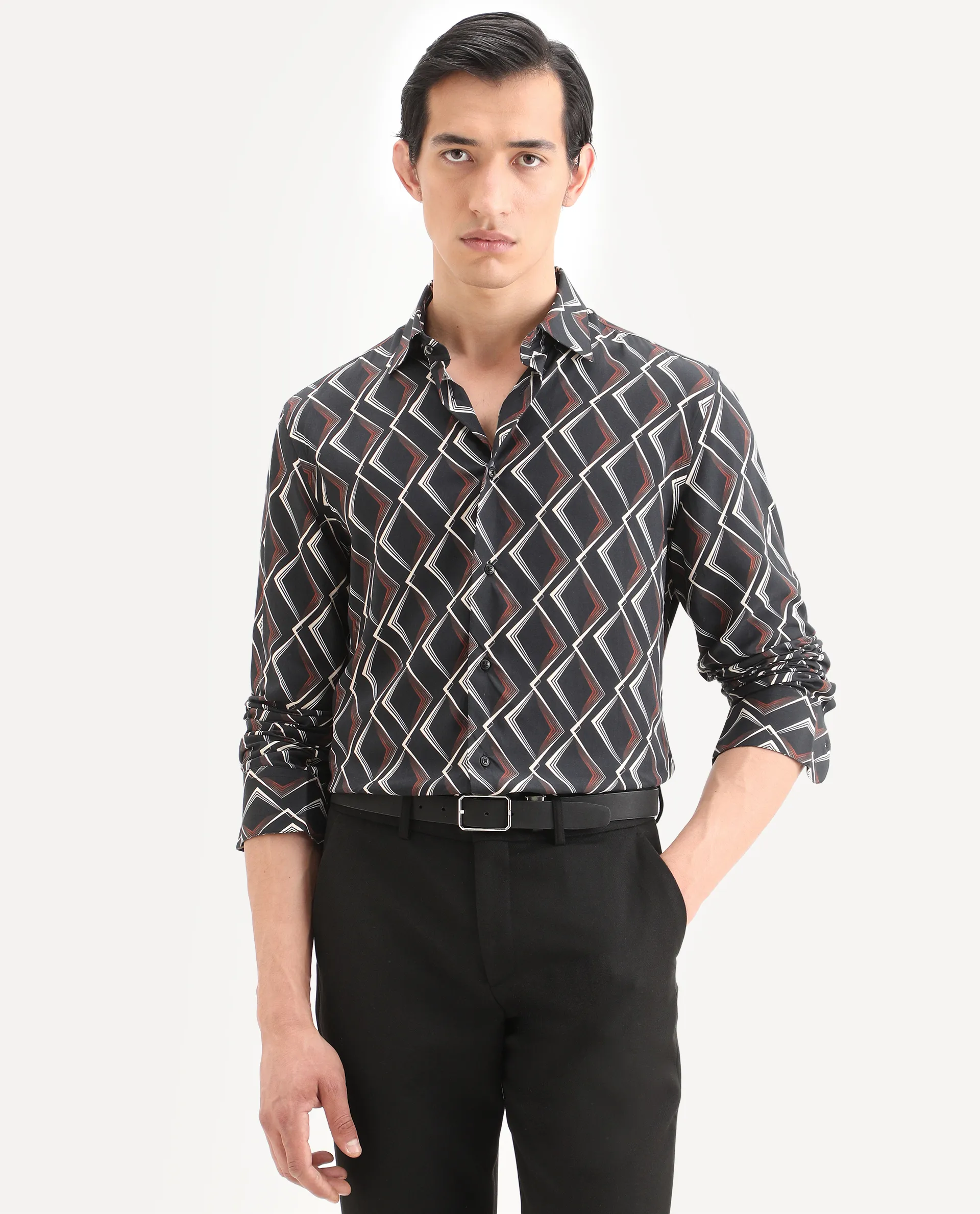 Rare Rabbit Men's Hurn Black Viscose Fabric Full Sleeve Spread Collar Regular Fit Geometric Print Shirt - Image 4