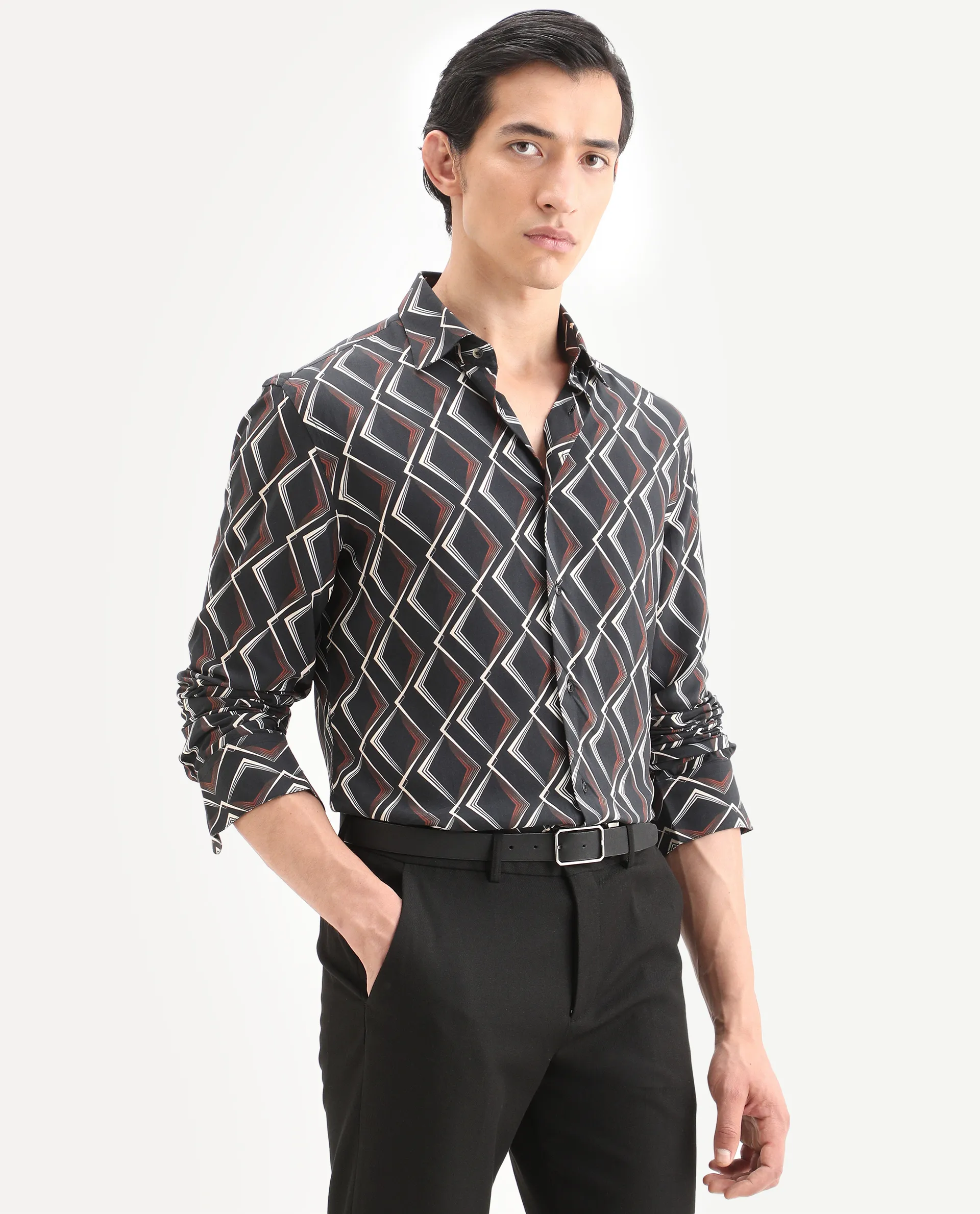 Rare Rabbit Men's Hurn Black Viscose Fabric Full Sleeve Spread Collar Regular Fit Geometric Print Shirt - Image 5