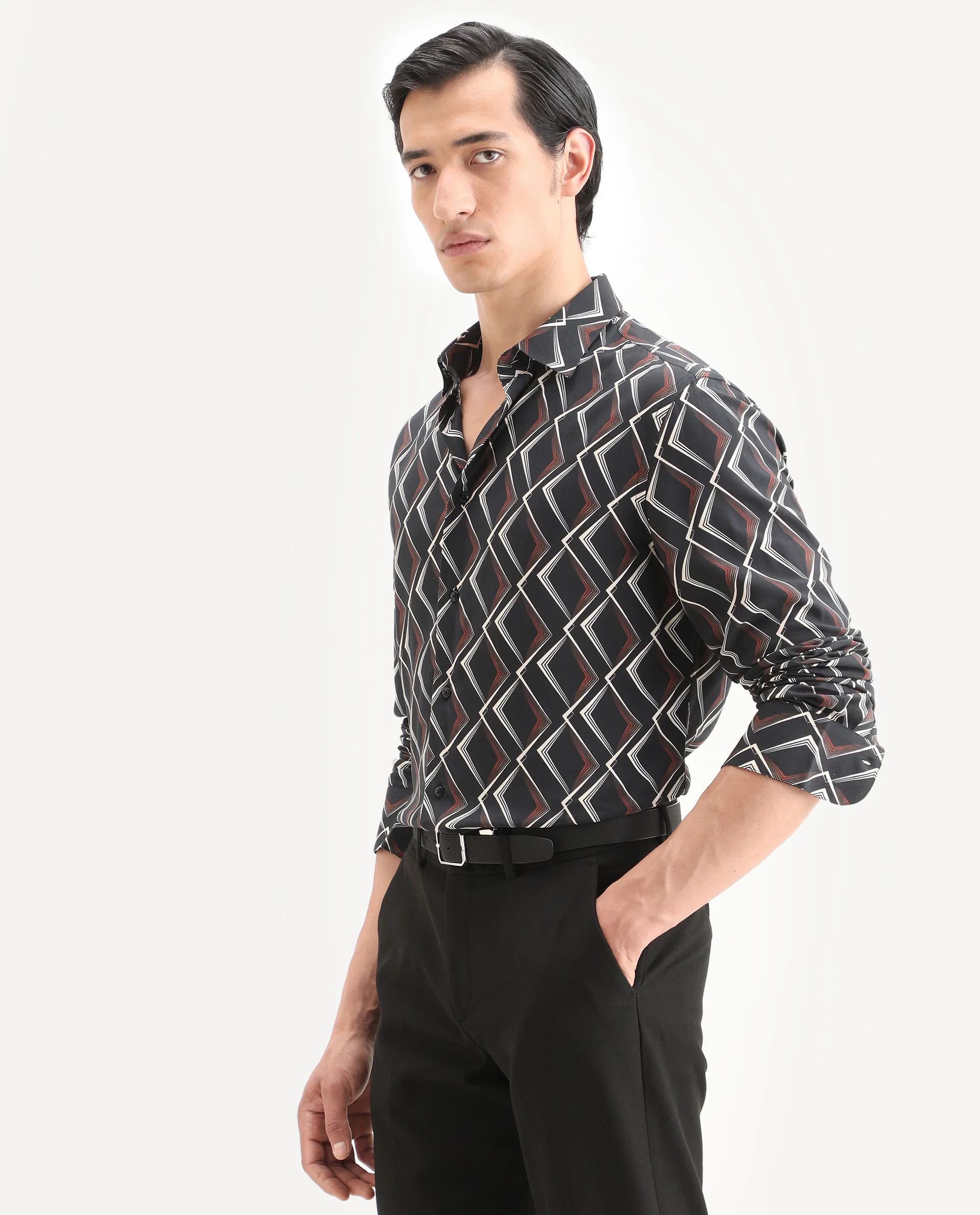 Rare Rabbit Men's Hurn Black Viscose Fabric Full Sleeve Spread Collar Regular Fit Geometric Print Shirt - Image 6
