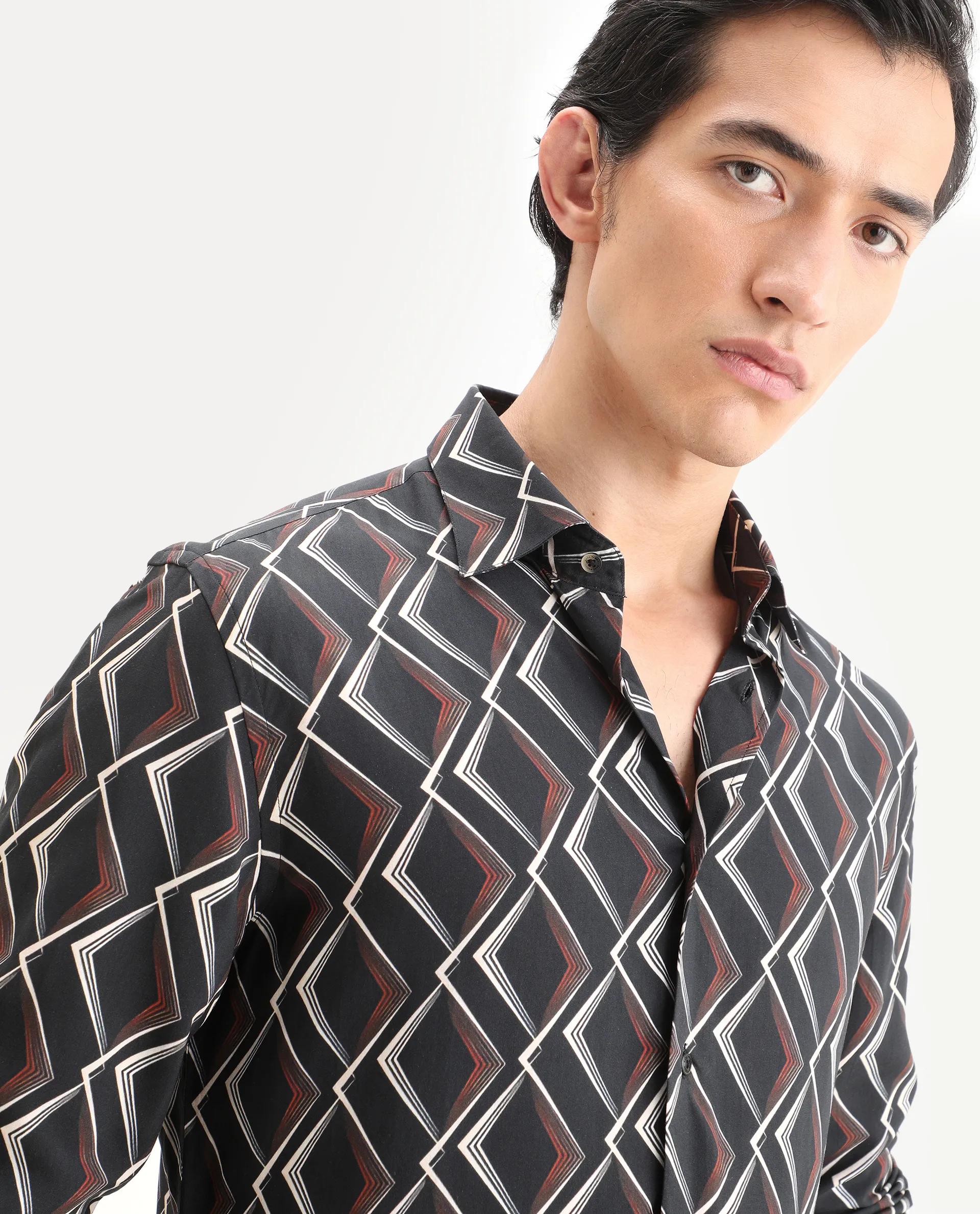 Rare Rabbit Men's Hurn Black Viscose Fabric Full Sleeve Spread Collar Regular Fit Geometric Print Shirt - Image 7