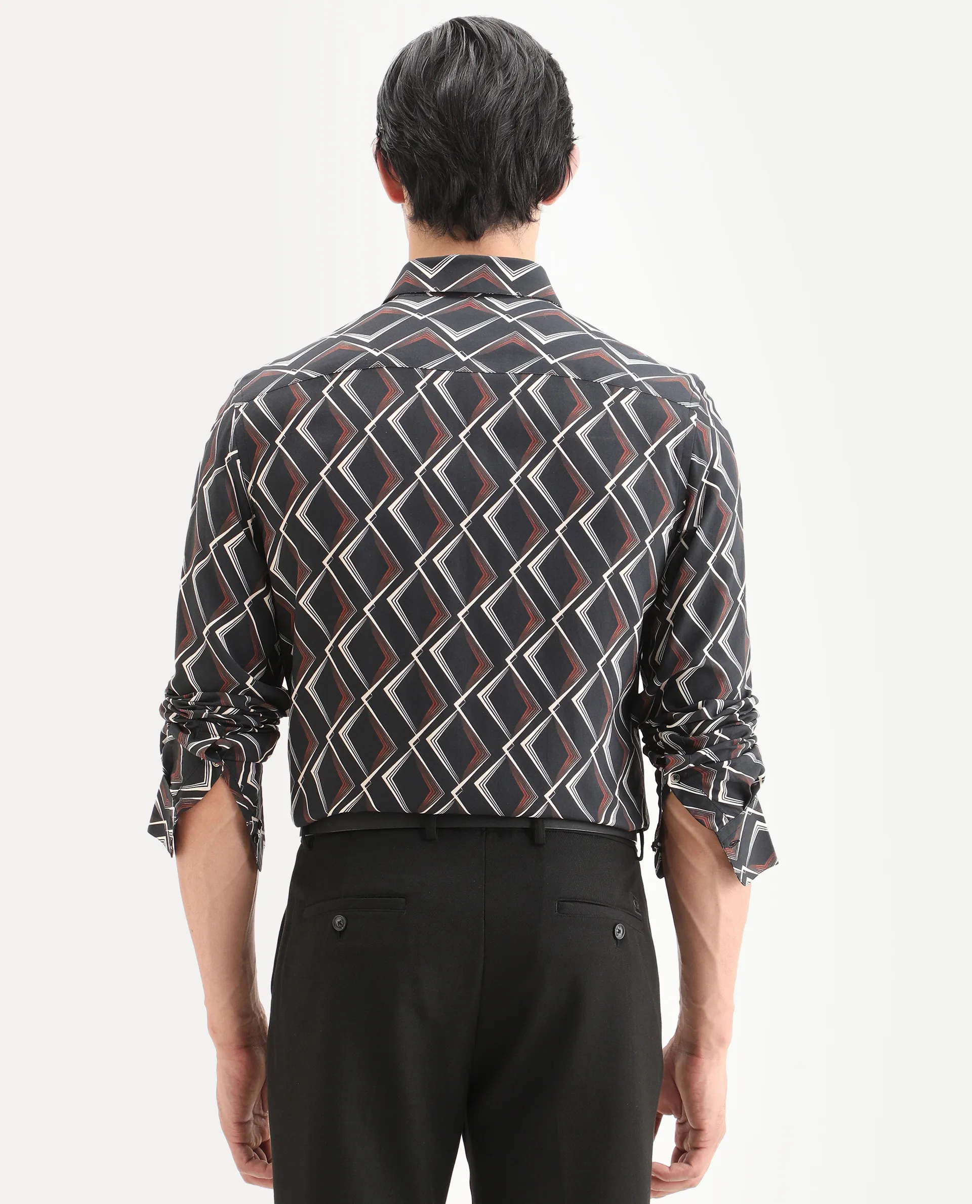 Rare Rabbit Men's Hurn Black Viscose Fabric Full Sleeve Spread Collar Regular Fit Geometric Print Shirt - Image 8
