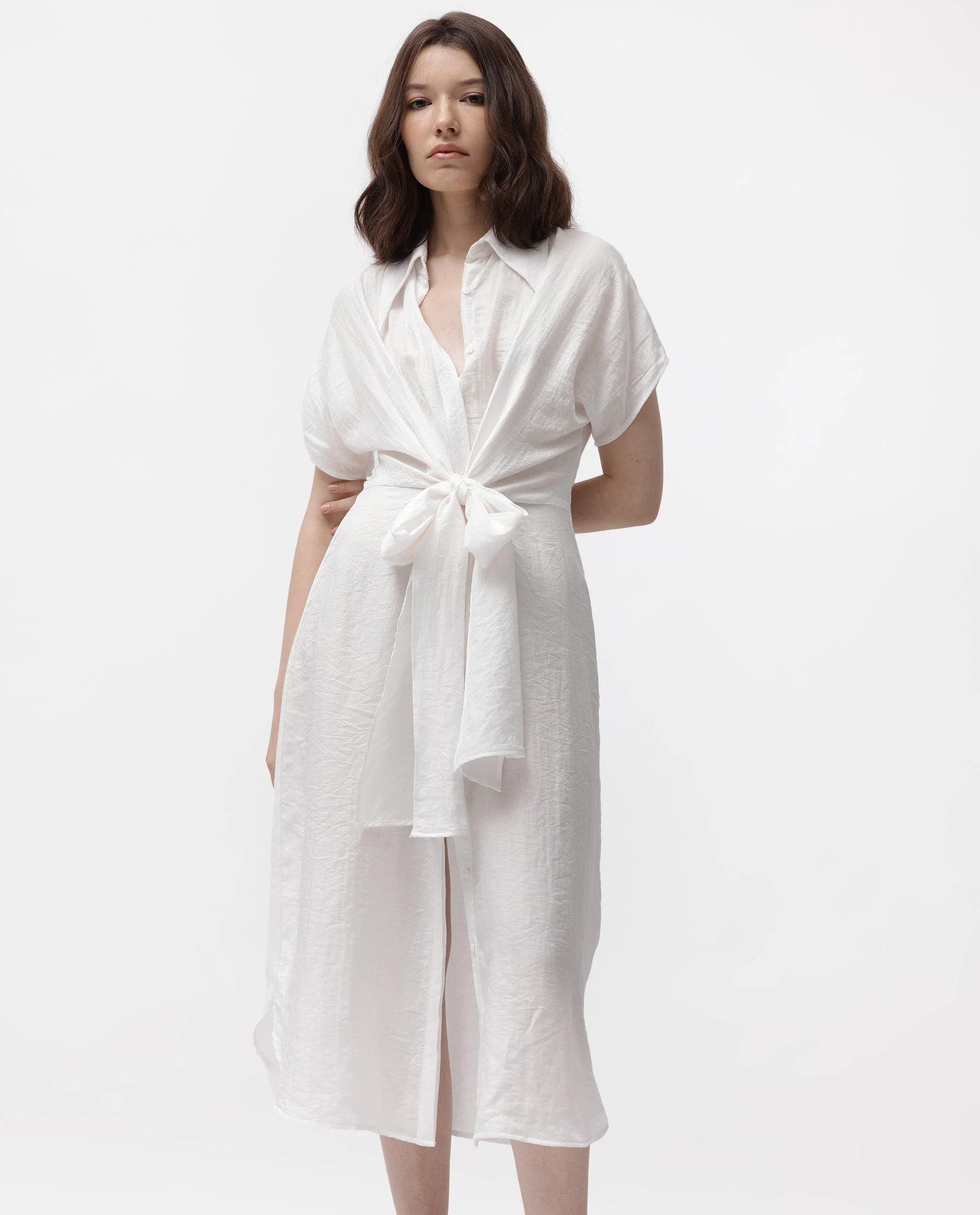 Rareism Women's Husen Dark White Polyester Blend Spread Collar Plain Midi Regular Fit Dress