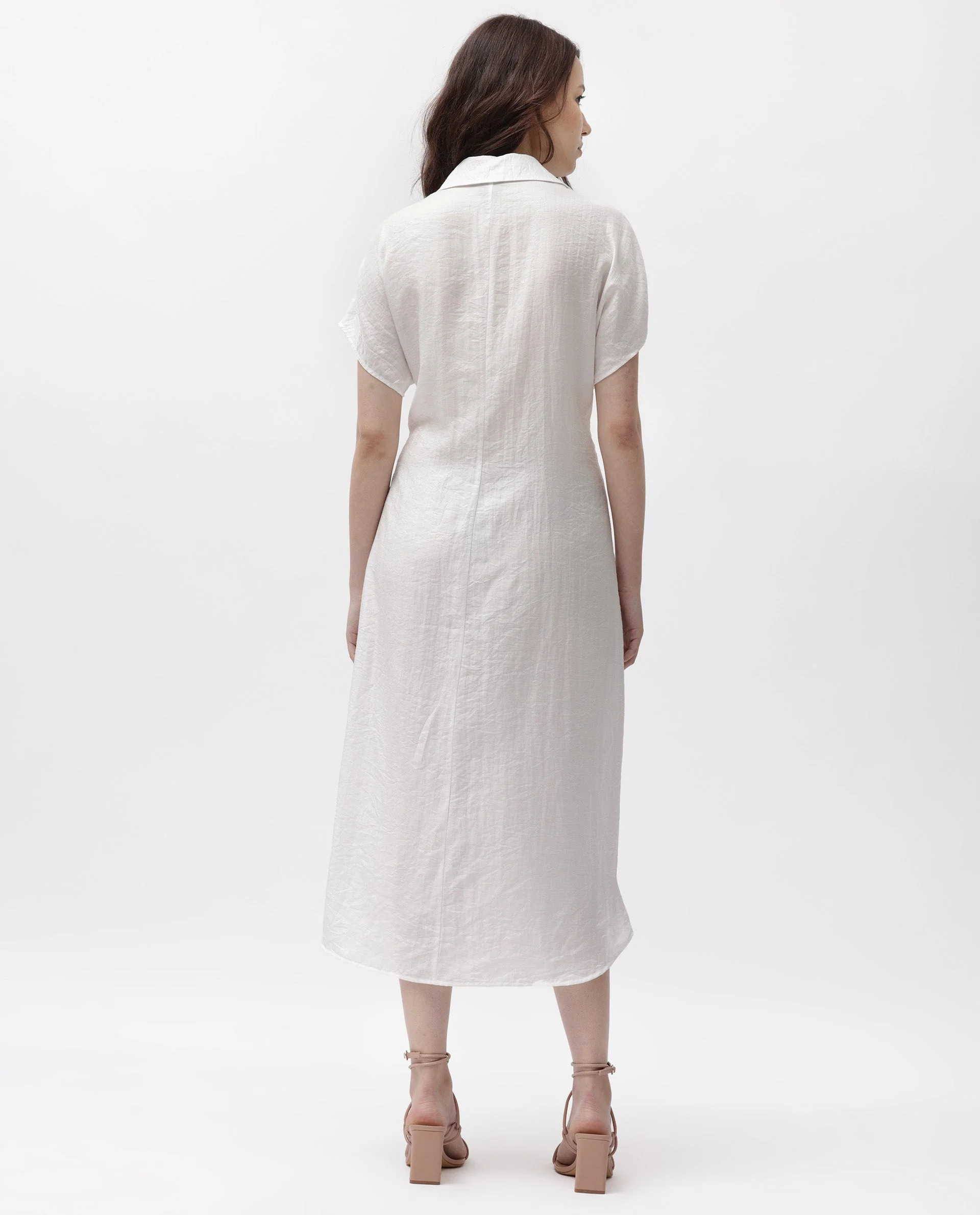 Rareism Women's Husen Dark White Polyester Blend Spread Collar Plain Midi Regular Fit Dress - Image 10