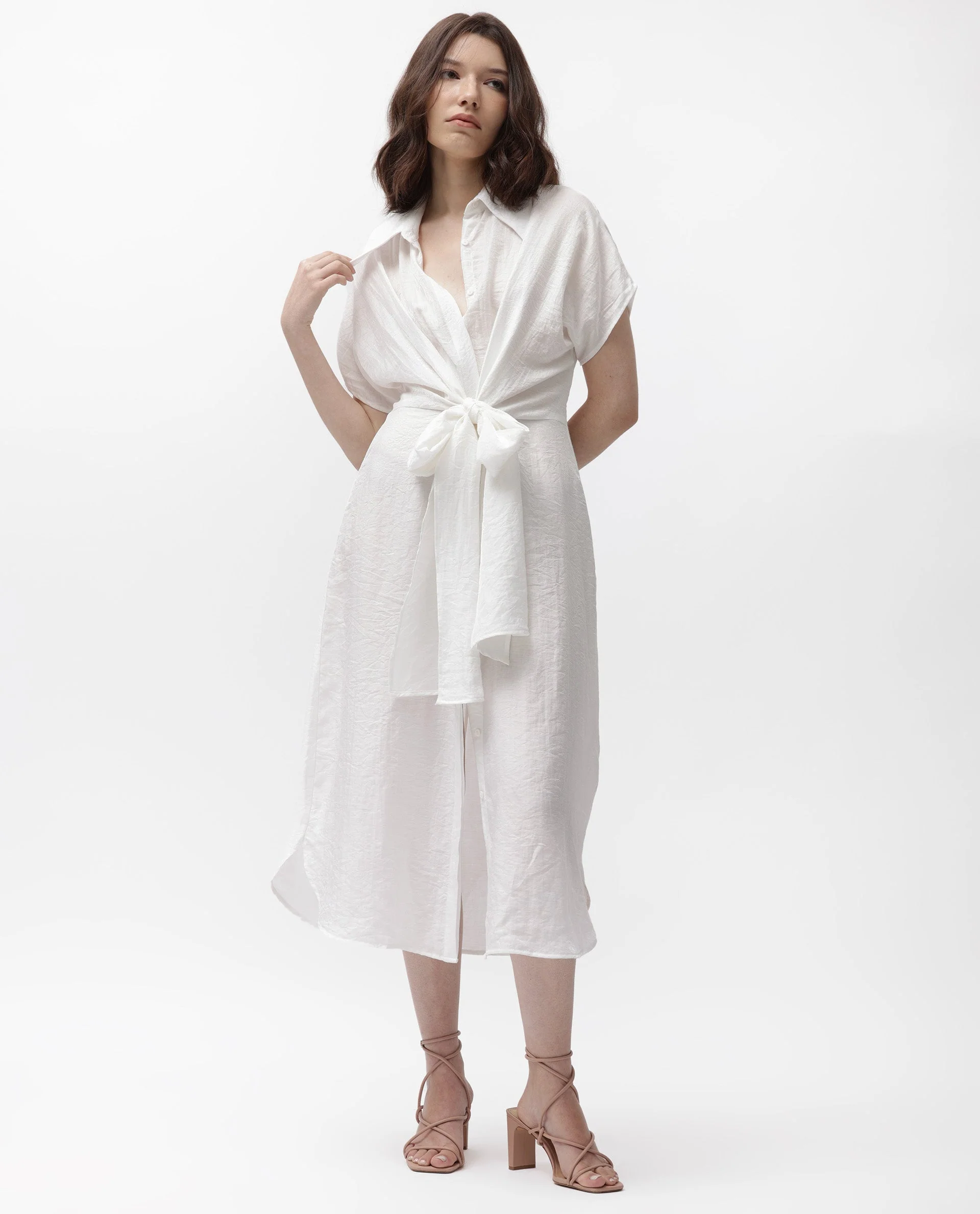 Rareism Women's Husen Dark White Polyester Blend Spread Collar Plain Midi Regular Fit Dress - Image 2