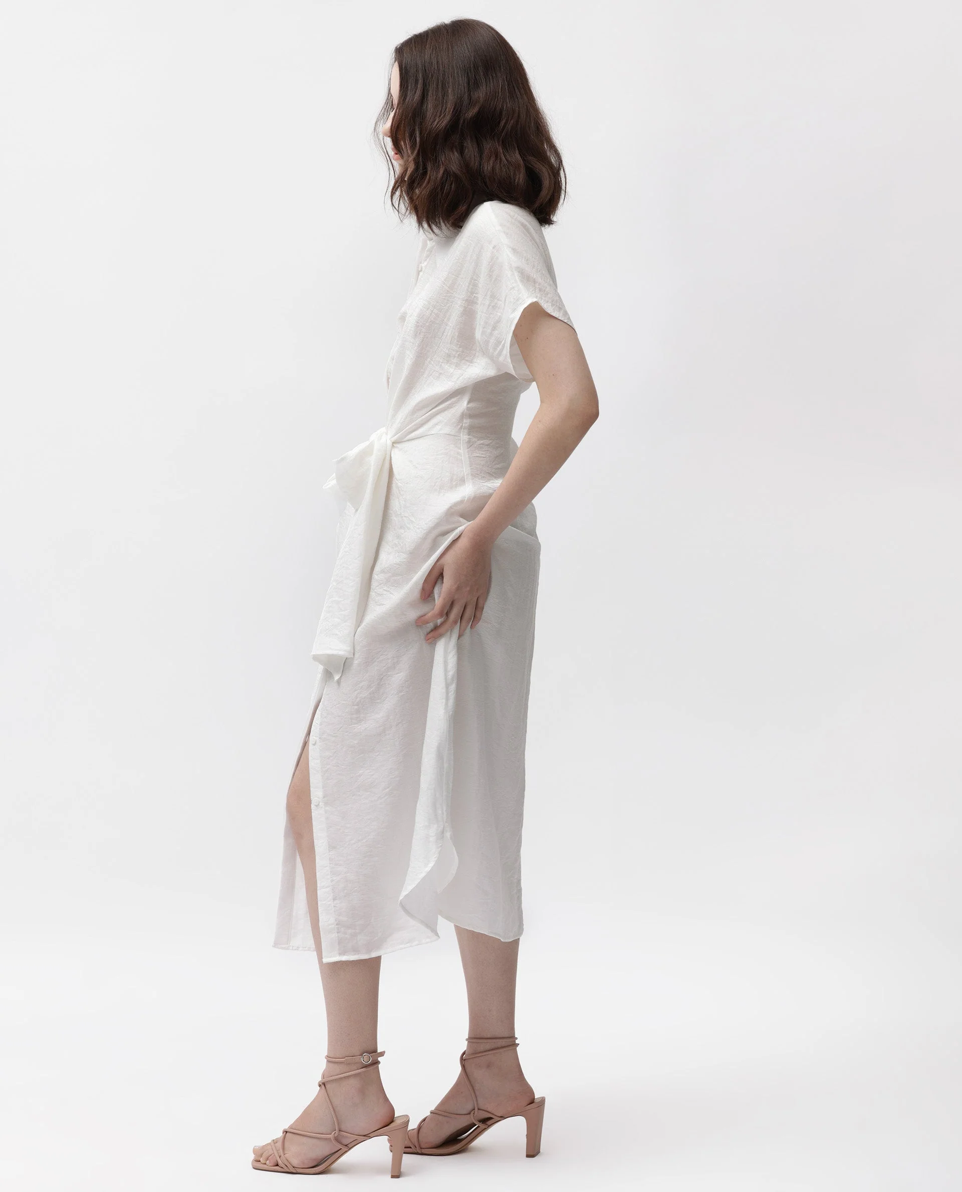 Rareism Women's Husen Dark White Polyester Blend Spread Collar Plain Midi Regular Fit Dress - Image 4