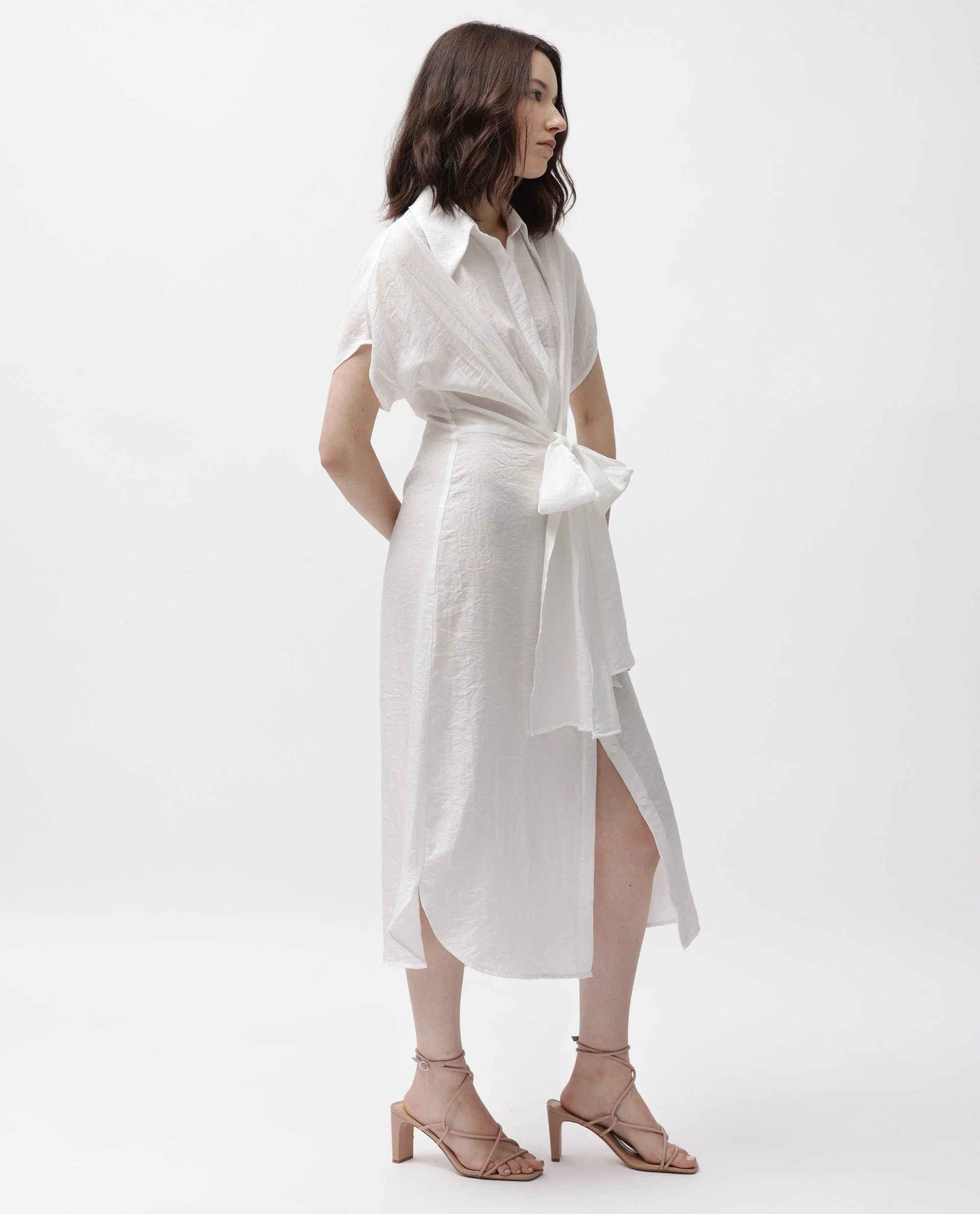 Rareism Women's Husen Dark White Polyester Blend Spread Collar Plain Midi Regular Fit Dress - Image 5